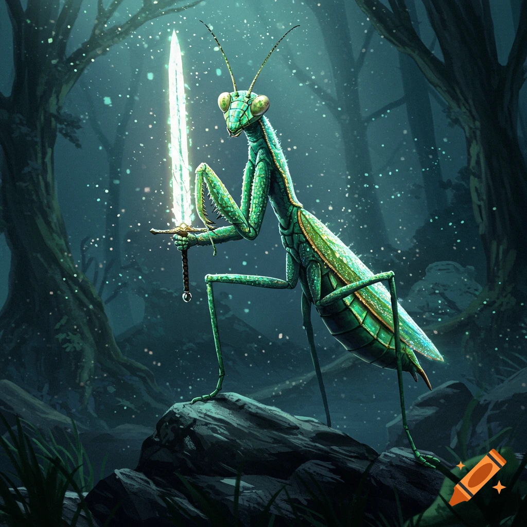 A green praying mantis knight stands on a rock in a mystical dark forest, holding a glowing sword.