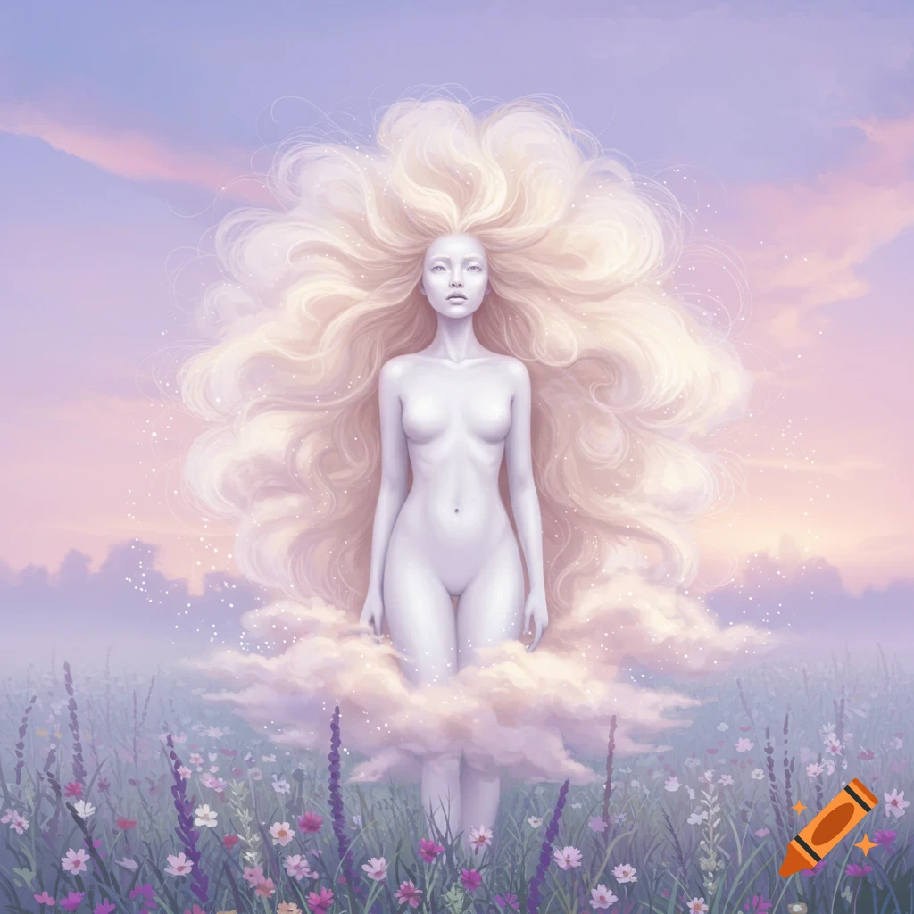 An ethereal white woman with voluminous blonde hair stands in a field of colorful flowers, partially enveloped by clouds under a pastel sky.