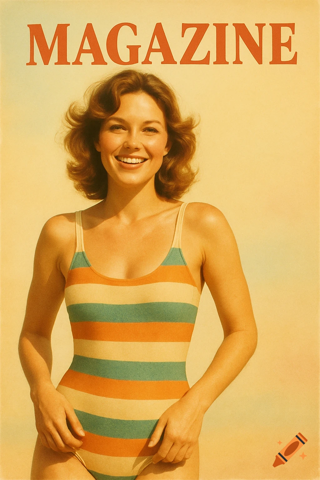 Smiling woman in a retro striped swimsuit on a vintage 1970s magazine cover with 'MAGAZINE' text.