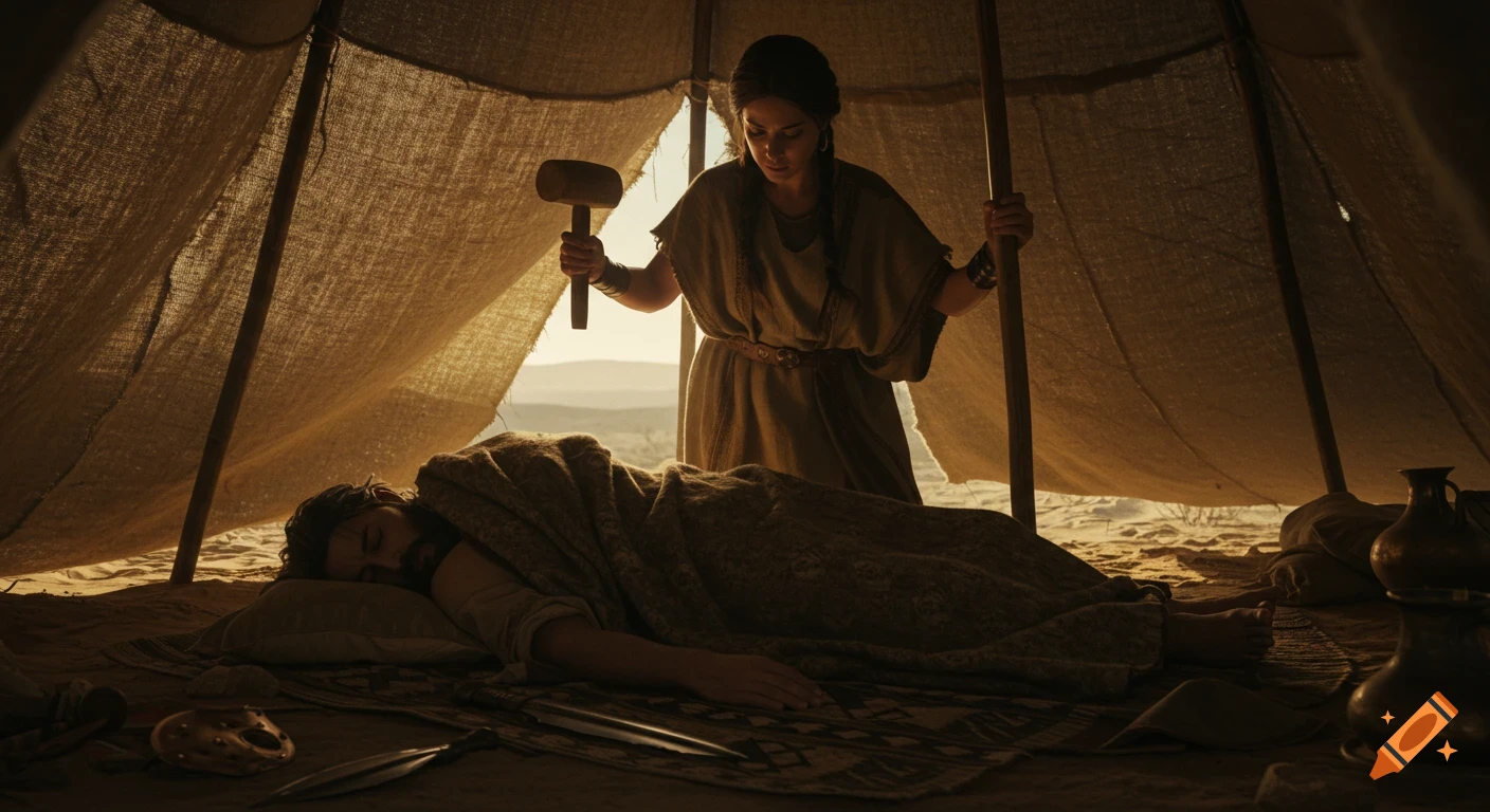 A hyper-realistic cinematic scene inside a desert tent: a woman holding a mallet and tent peg hovers over a sleeping man at dawn.
