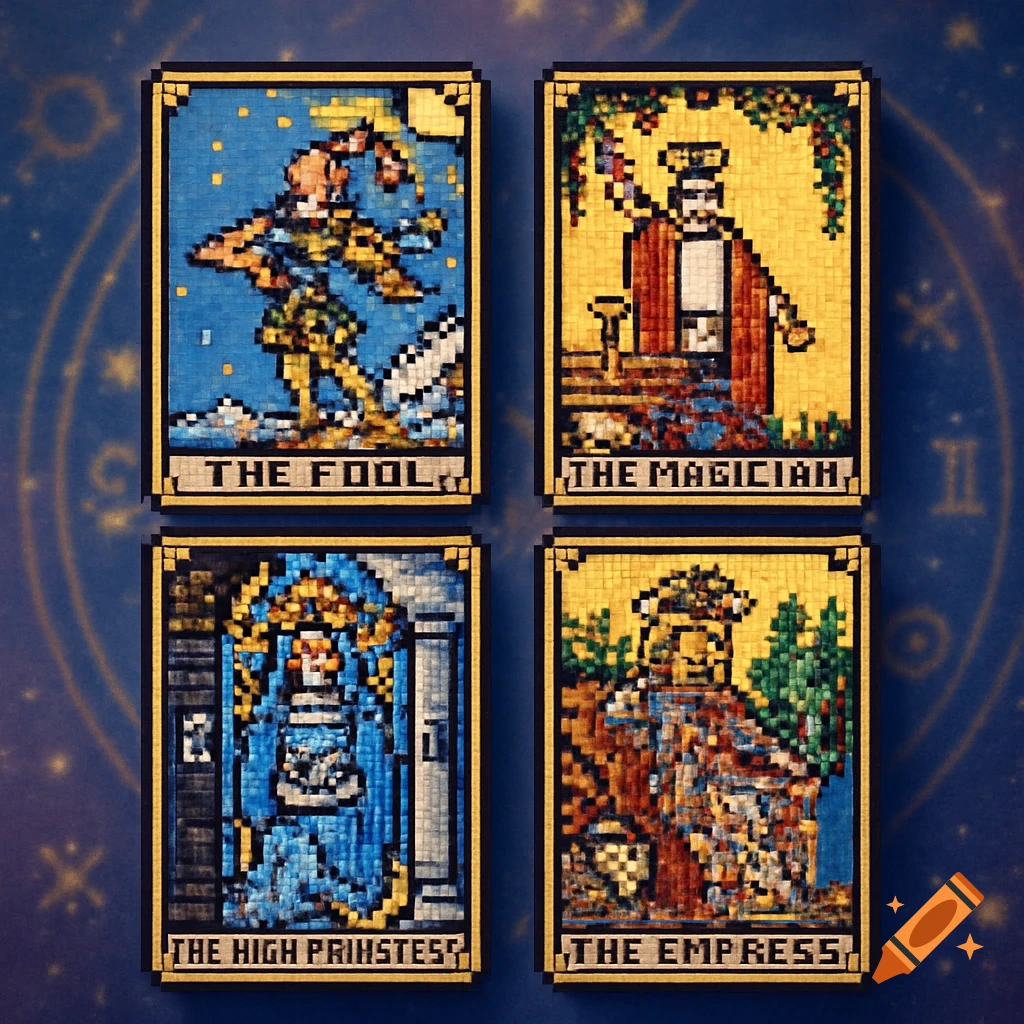 Four pixel art tarot cards: The Fool, The Magician, The High Priestess, and The Empress.