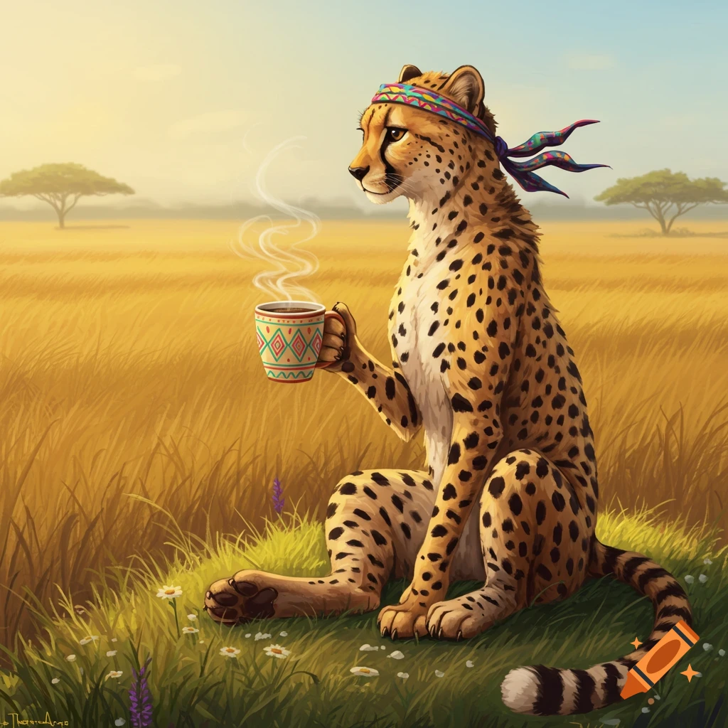 Anthropomorphic cheetah wearing a colorful headband, sitting in a sunny savanna, drinking coffee from a patterned mug.