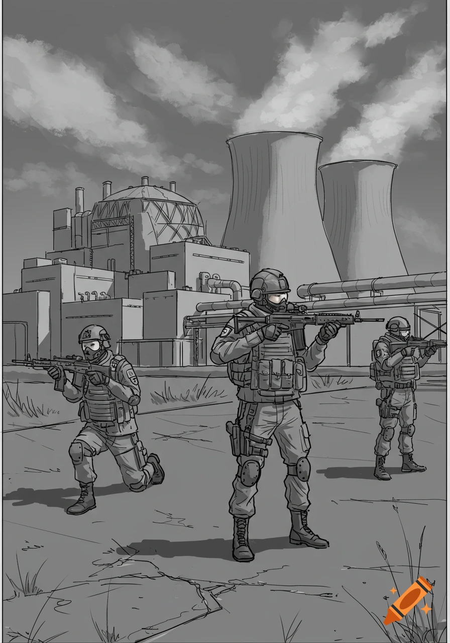Three armed soldiers in tactical gear stand guard outside a nuclear power plant under a cloudy sky, in a grayscale sketch style.