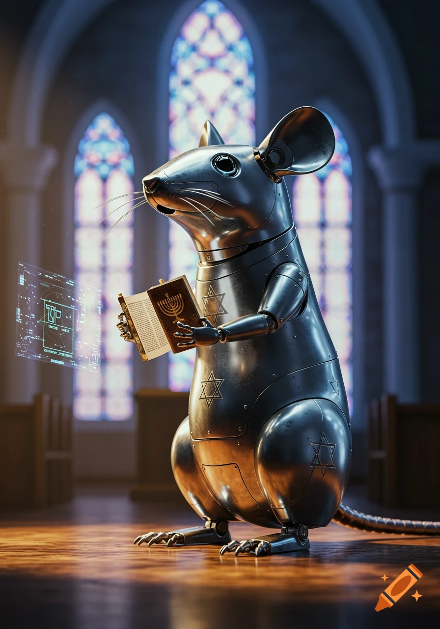 A metallic robot rat stands in a church-like building, holding an open book with a menorah on its cover, with holographic data floating beside it. Stars of David are embossed on its body.