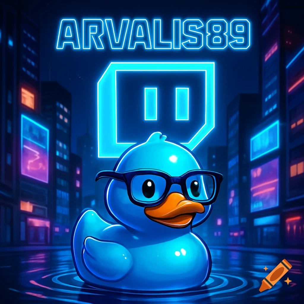 A blue rubber duck with glasses floats in water, set against a neon cityscape with a glowing Twitch logo and the name 'ARVALIS89'.