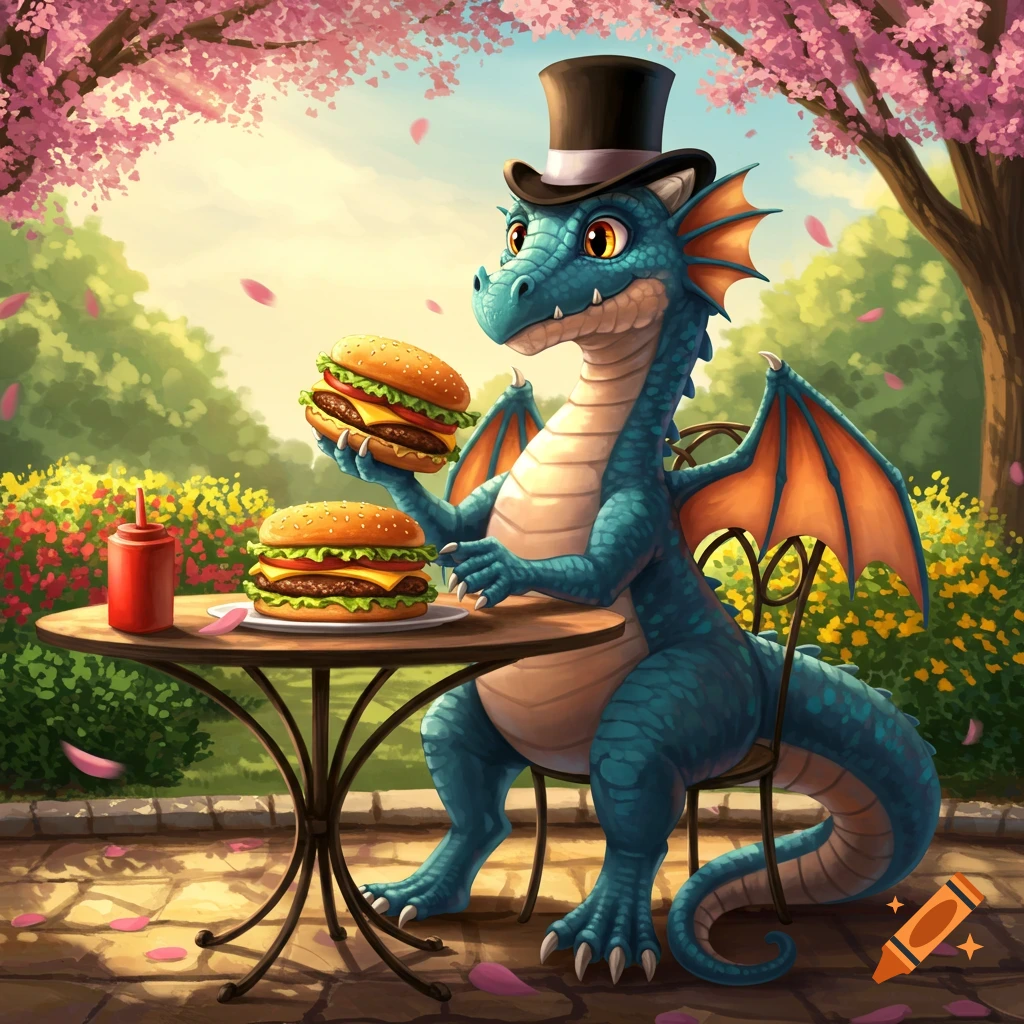 A friendly blue cartoon dragon in a top hat sits at an outdoor cafe table, holding a burger with another on the plate, surrounded by pink flowering trees.