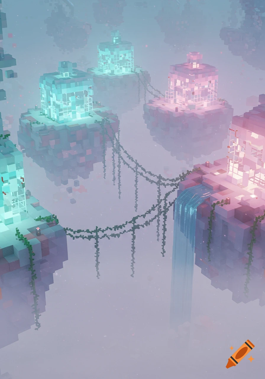 Minecraft-style floating islands with glowing structures, waterfalls, and vines in a dreamy, misty landscape.