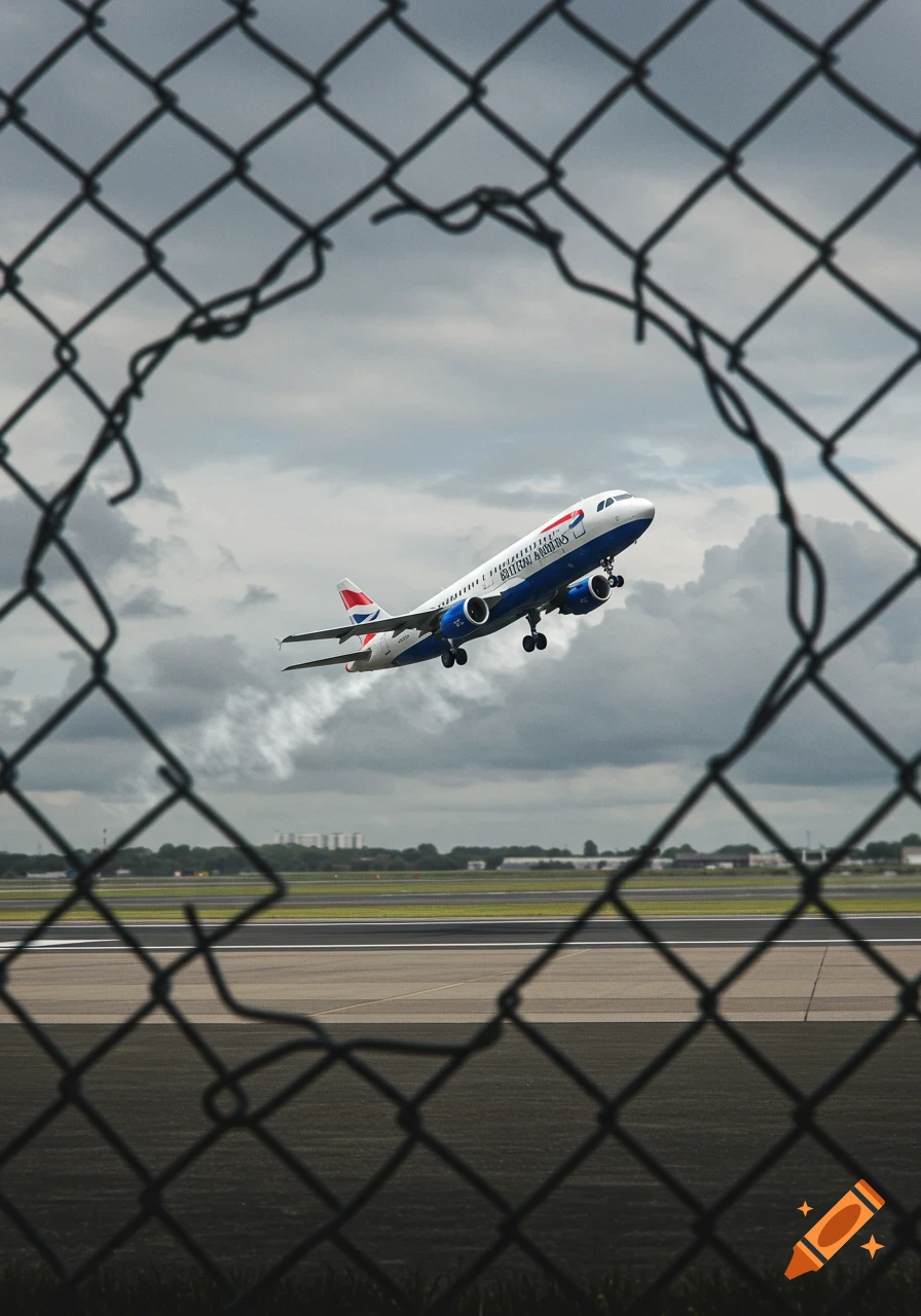 A British Airways Airbus A320 airplane takes off from an airport runway, viewed through a hole in a chain-link fence.