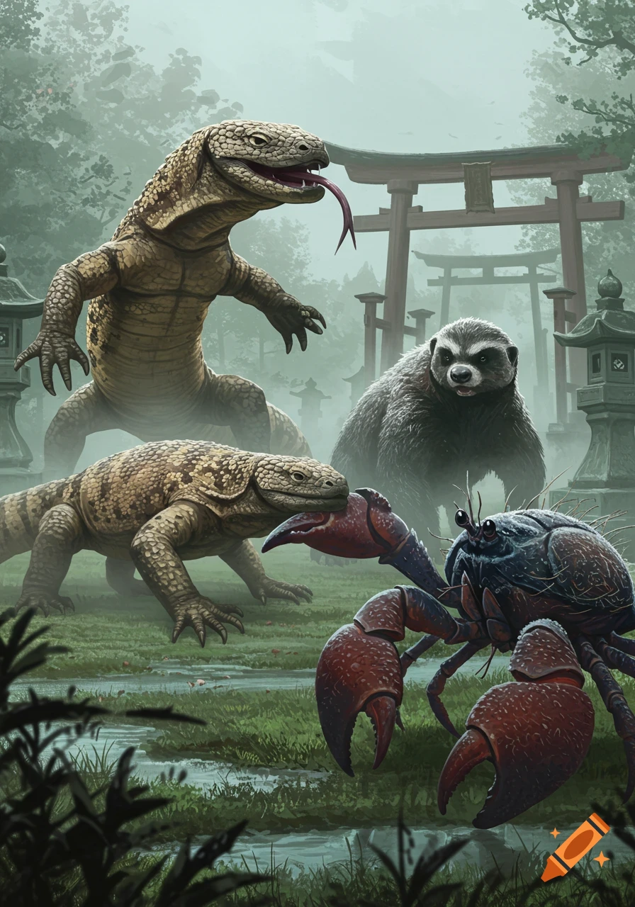 Detailed illustration of kaiju-like lizard, badger, and giant crab in a misty Japanese countryside.