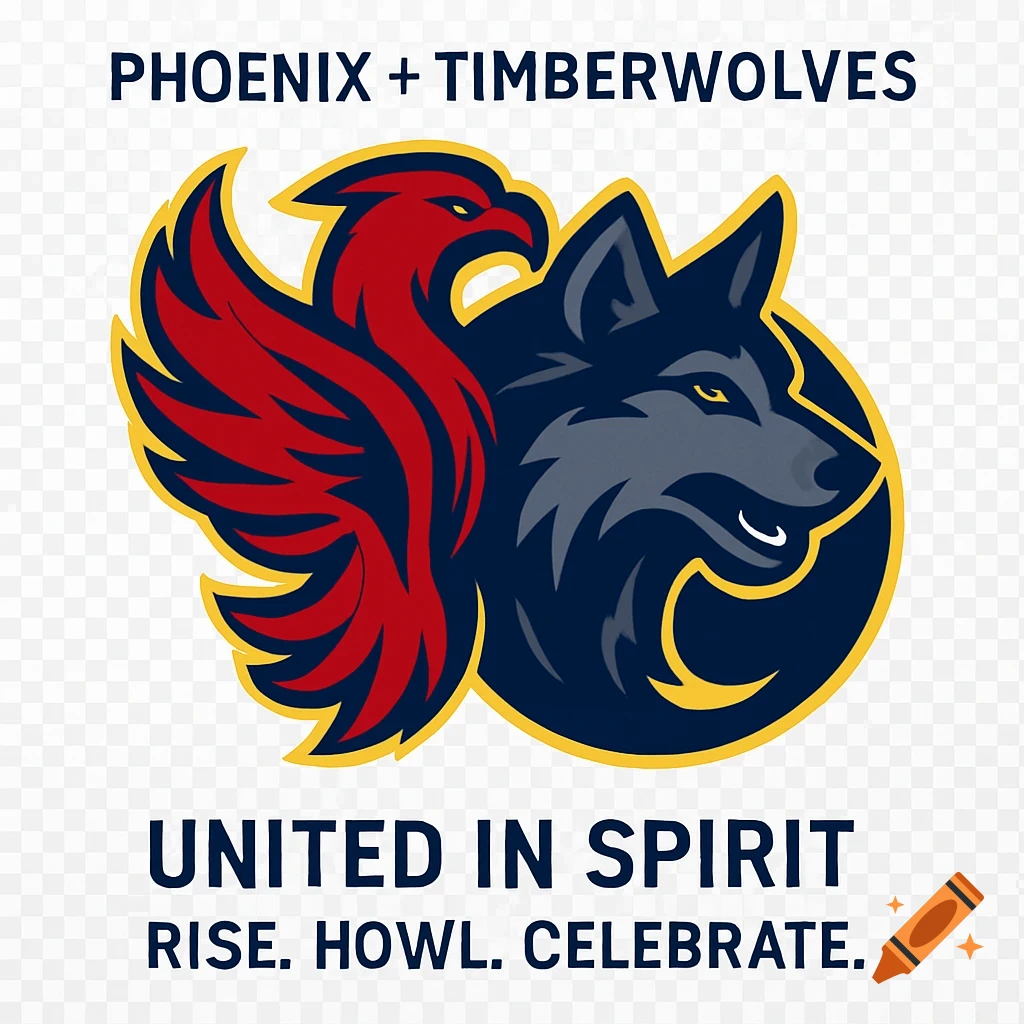 Logo featuring a red phoenix merged with a dark grey wolf. Text reads "PHOENIX + TIMBERWOLVES" above, and "UNITED IN SPIRIT RISE. HOWL. CELEBRATE." below.