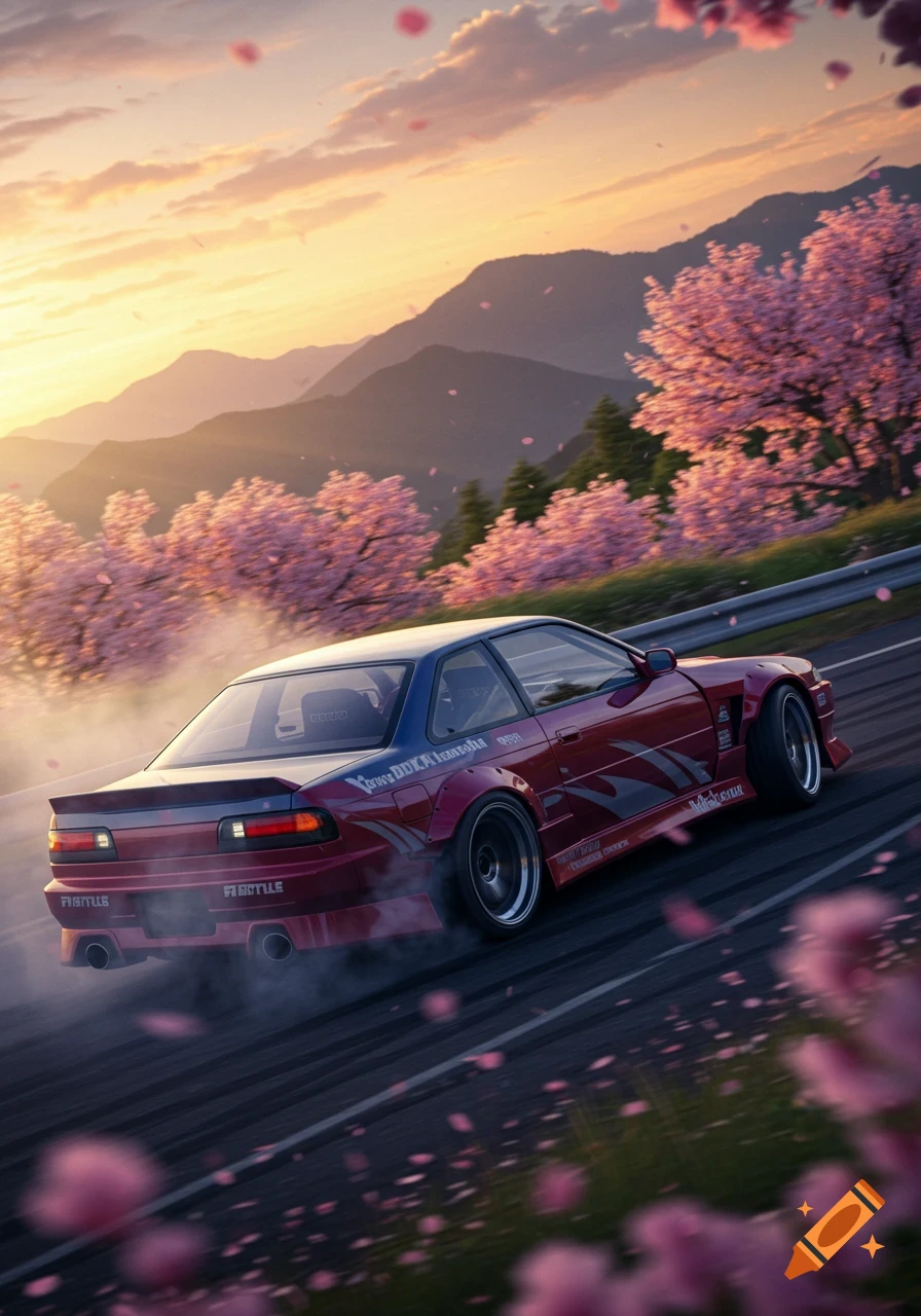 A red JDM drift car skids on a winding road amidst pink cherry blossom trees and mountains at sunset.