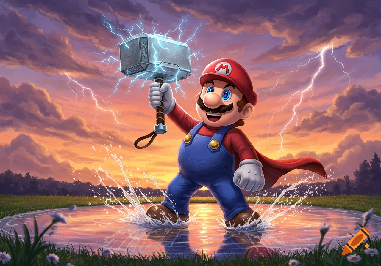 Mario as Thor, wielding Mjolnir and splashing in a puddle during a lightning storm at sunset.