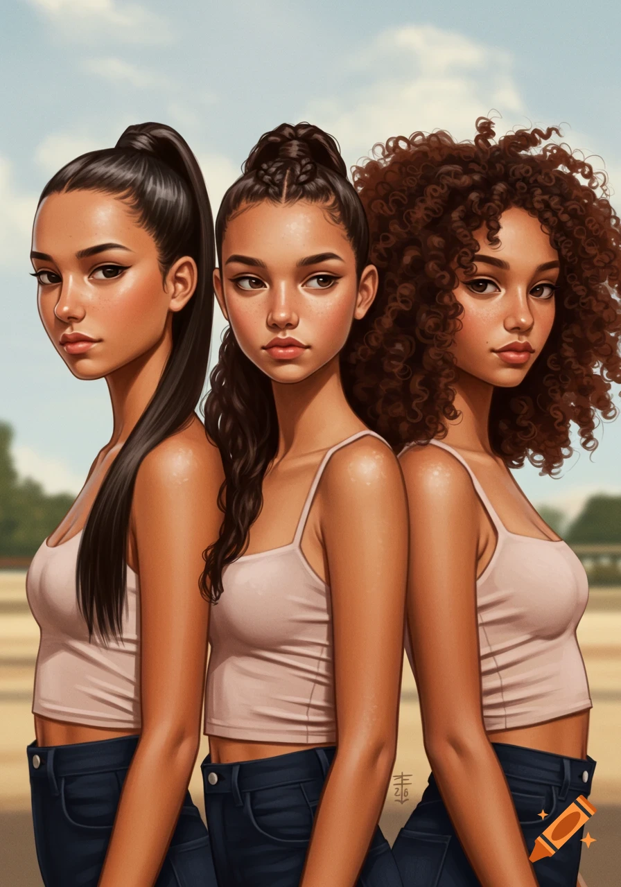 Digital art of three young women with varying dark hairstyles, wearing light tank tops and jeans, looking forward.