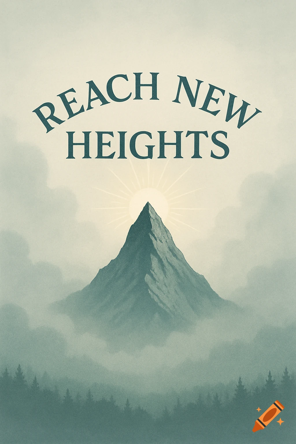 Vintage-style motivational poster featuring a mountain peak at sunrise above a misty forest, with text 'REACH NEW HEIGHTS'.