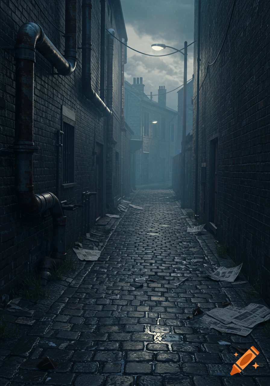 A dark, moody, photorealistic rundown cobblestone alleyway with old brick buildings and rusty pipes under a stormy sky.