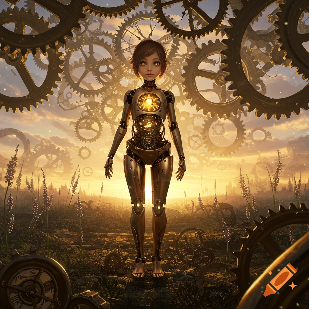 Steampunk robot girl with exposed clockwork torso stands in a field with giant gears floating in the sunset sky.