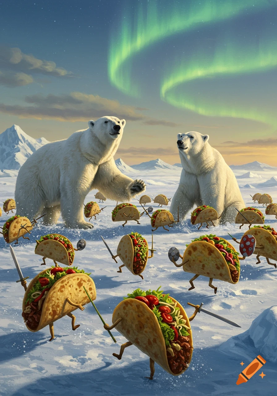 An army of anthropomorphic tacos with swords and shields marches across a snowy arctic landscape, with two large polar bears observing under the Northern Lights.