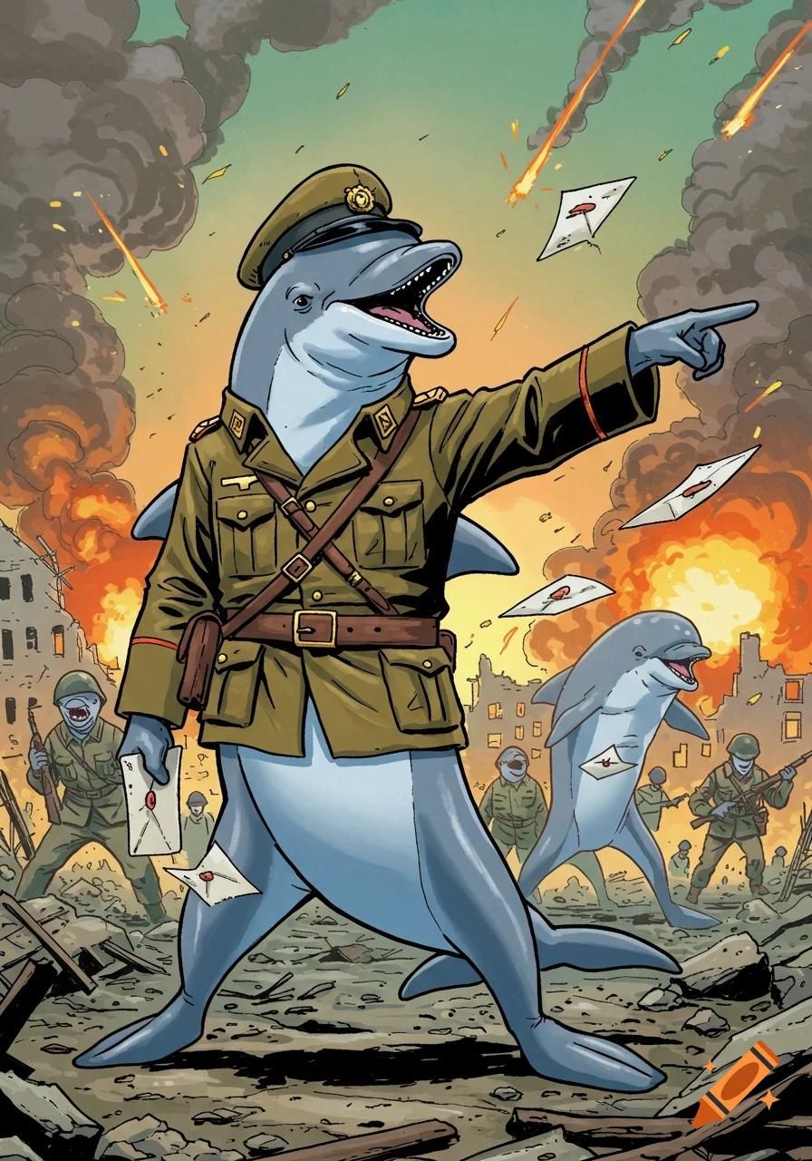 A cartoon dolphin officer points on a war-torn battlefield with explosions and ruined buildings, as other dolphin soldiers deliver mail.
