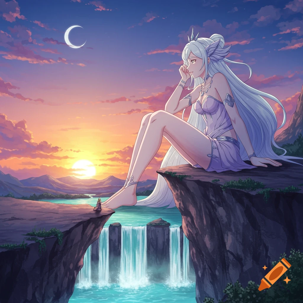Anime giantess sits on a cliff edge, looking at a sunset over waterfalls and mountains under a crescent moon.