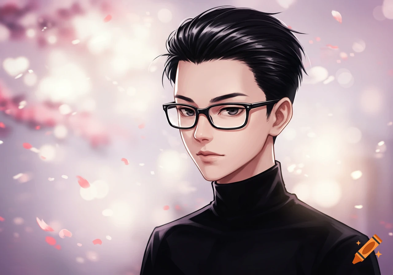 Anime portrait of a boy with black hair and rectangular glasses, wearing a black turtleneck, against a blurry background with pink flowers.