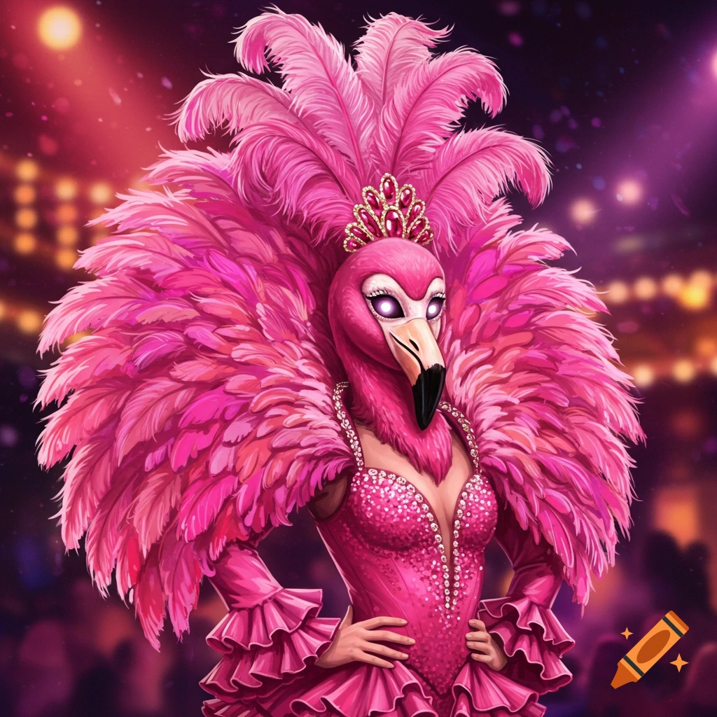 A person in an elaborate pink fluffy flamingo costume with a jeweled crown and glowing eyes, on a dark stage.