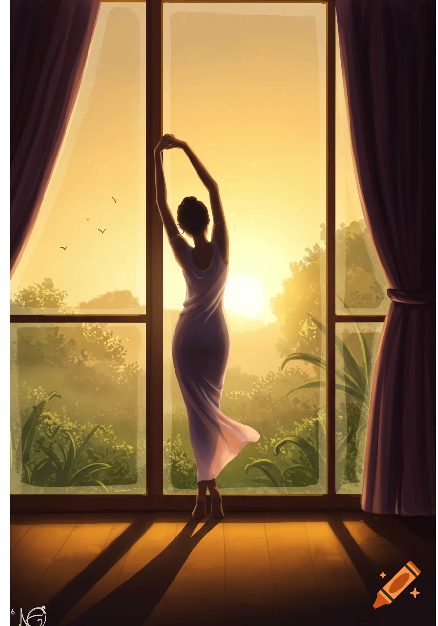 Stylized illustration of a person stretching in silhouette against a golden sunrise seen through a window, with lush trees outside.