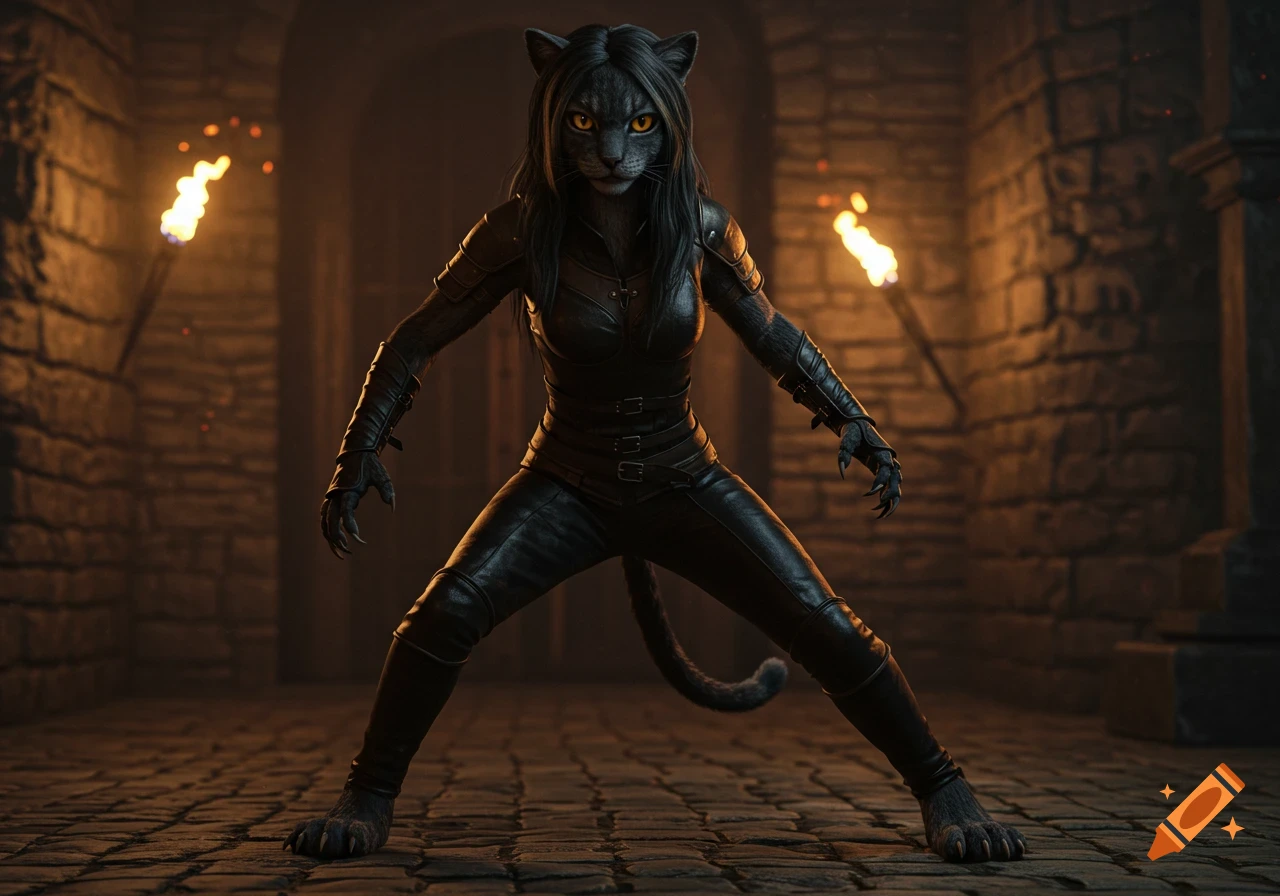 A fierce black cat girl warrior in leather armor with amber eyes stands in a dark stone dungeon lit by torches.