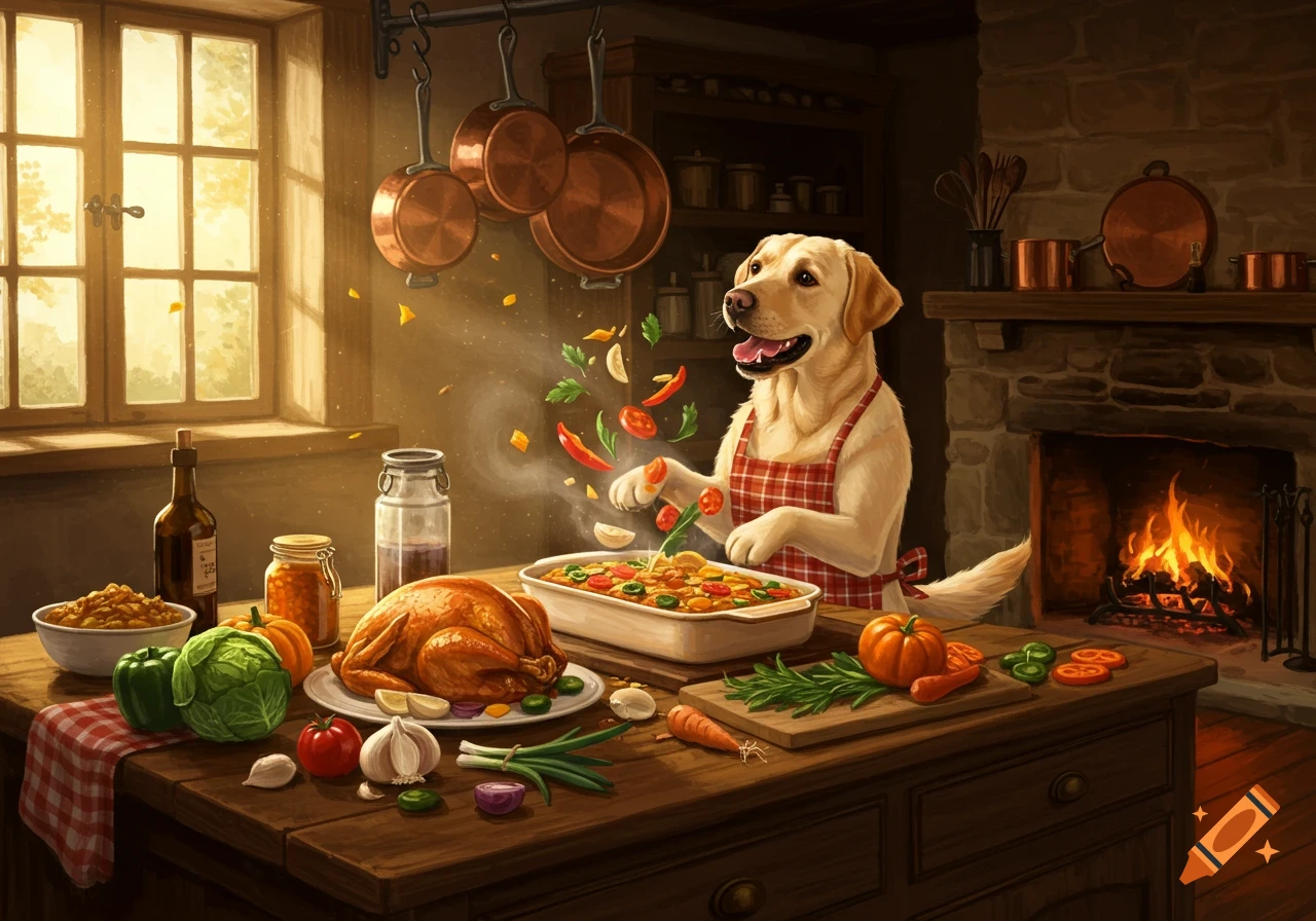 A happy Labrador dog in a red checkered apron cooks Thanksgiving dinner in a rustic kitchen, surrounded by food and a warm fireplace.
