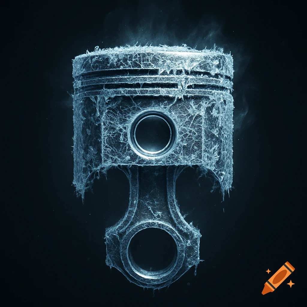 A close-up of a metallic piston covered in frosty ice crystals and vapor mist, glowing with cold blue and silver light against a dark background.