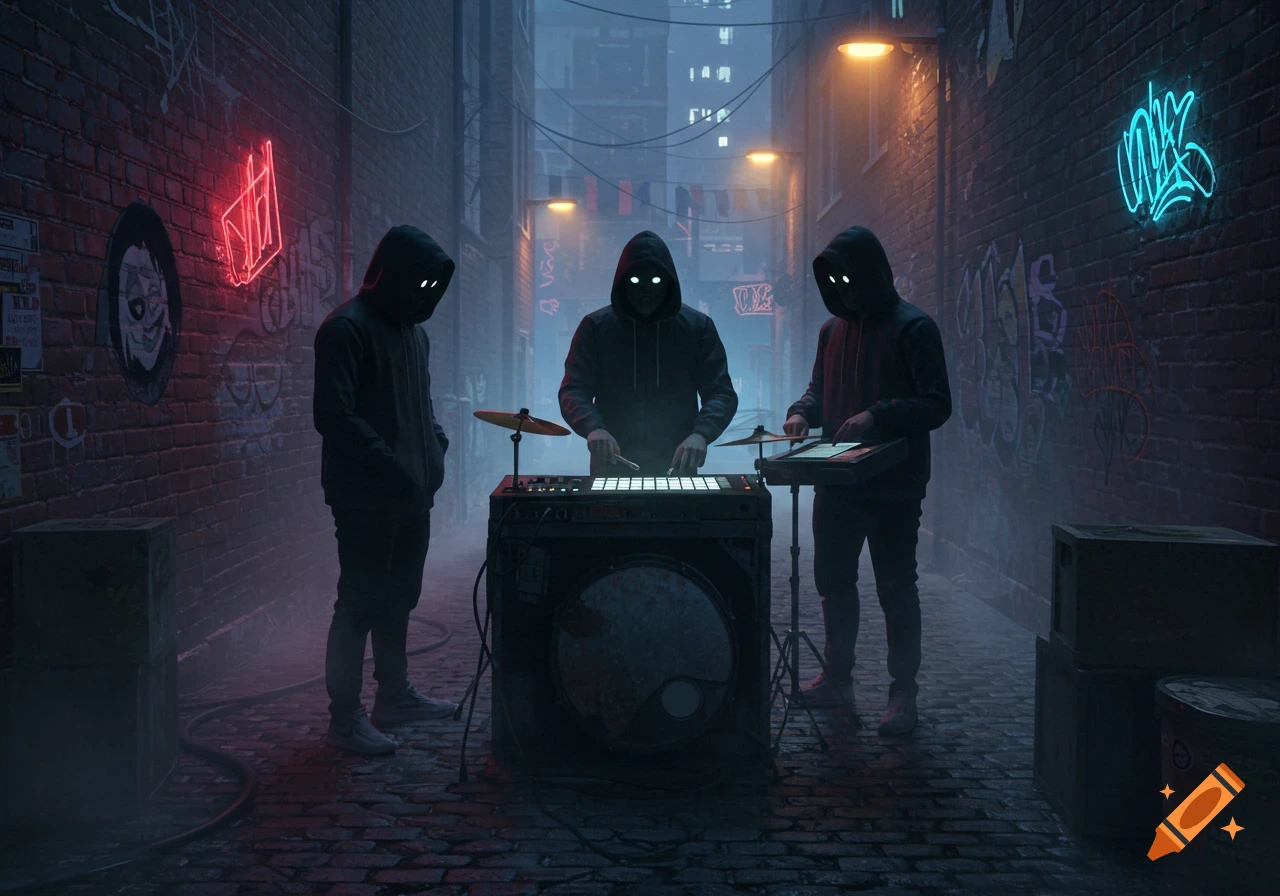 Three hooded figures with glowing eyes in a neon-lit, graffiti-covered alley, playing electronic music.