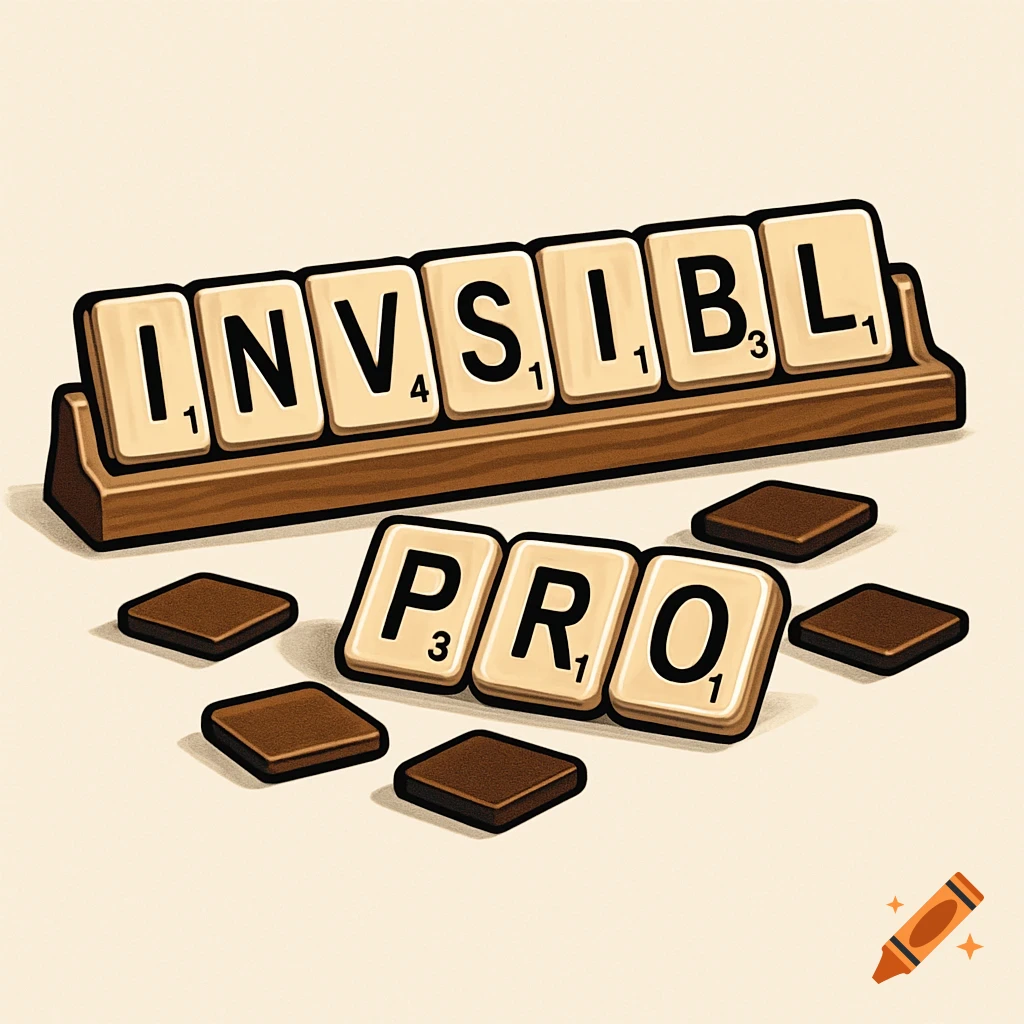 Scrabble tiles on a rack spell INVSIBL, with PRO tiles and face-down tiles in front, in an illustrated style.