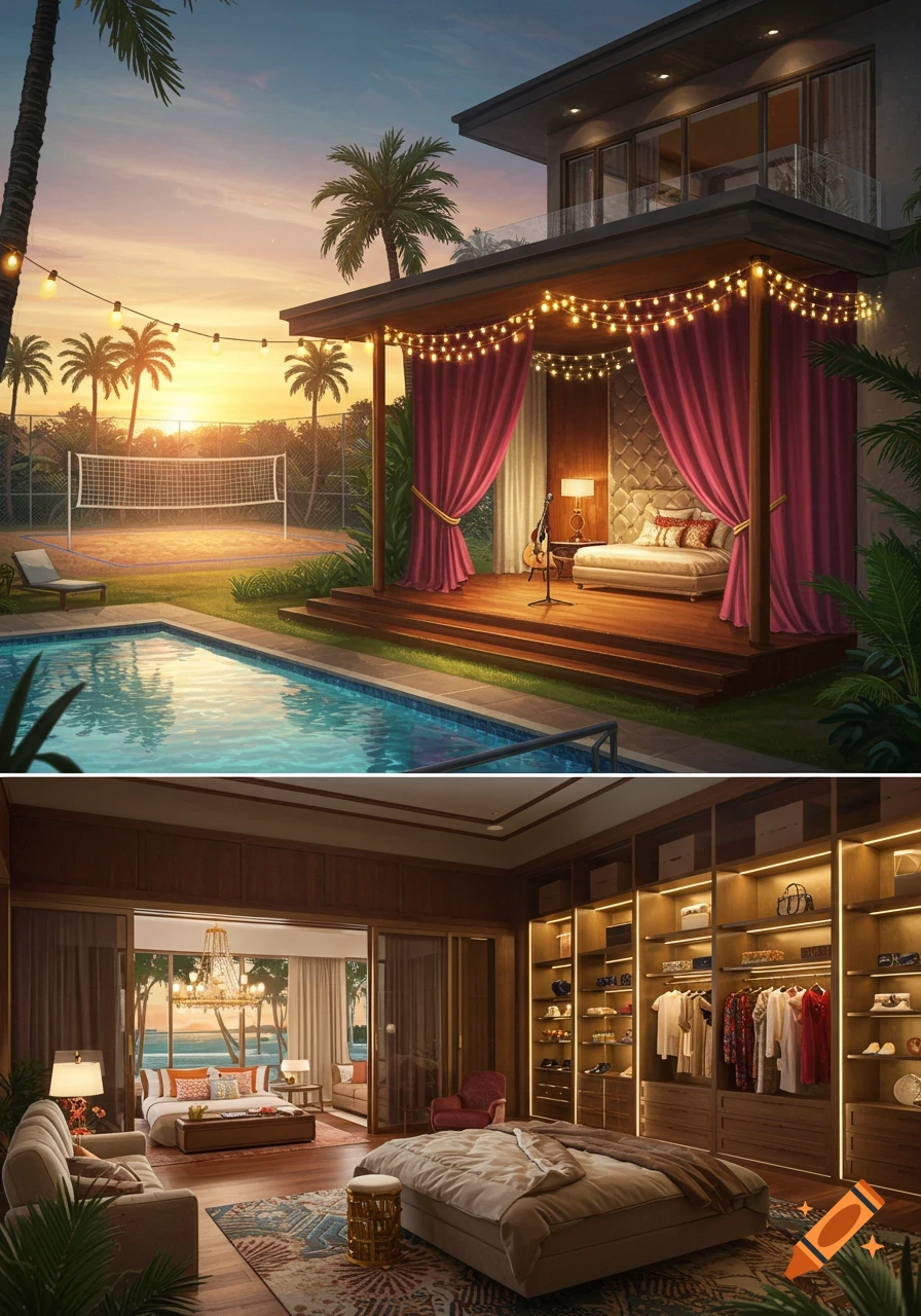 Luxurious house with a pool, stage, and volleyball court at sunset, and an opulent bedroom with a large walk-in closet.