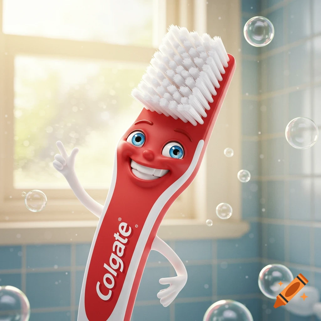 A cheerful red and white Colgate toothbrush mascot with a happy face and blue eyes gives a peace sign in a bubbly bathroom.