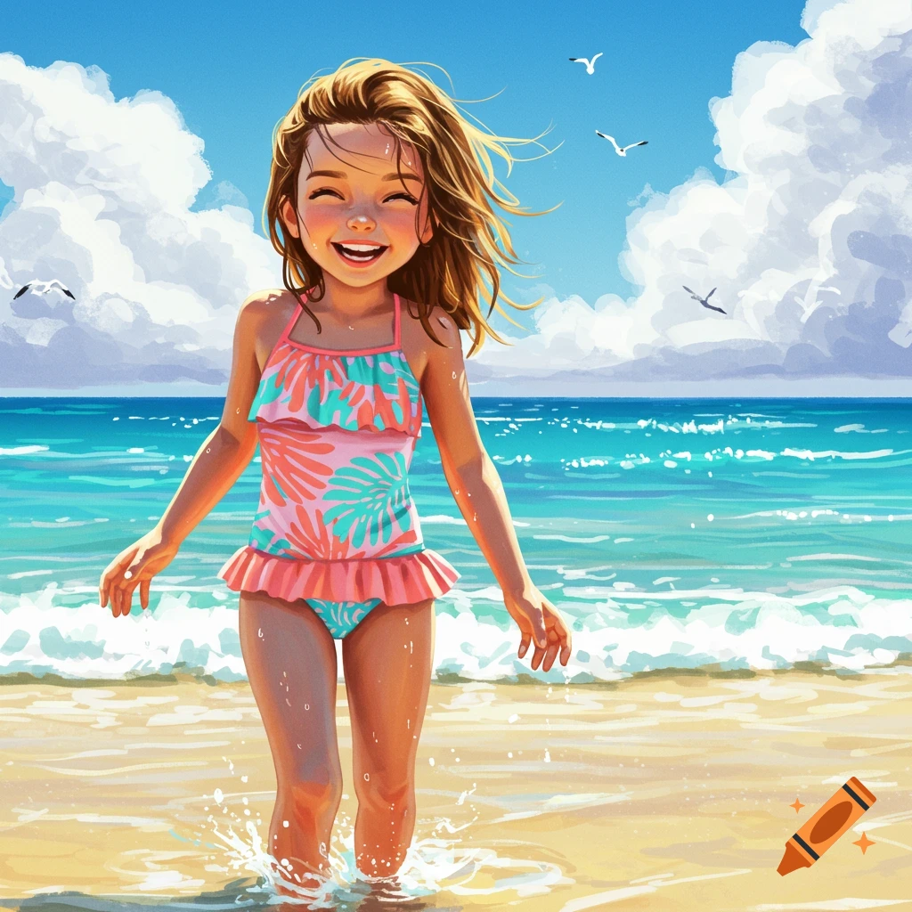 A happy young girl in a pink and teal swimsuit splashes in the shallow water on a sunny beach. Vibrant illustration style.