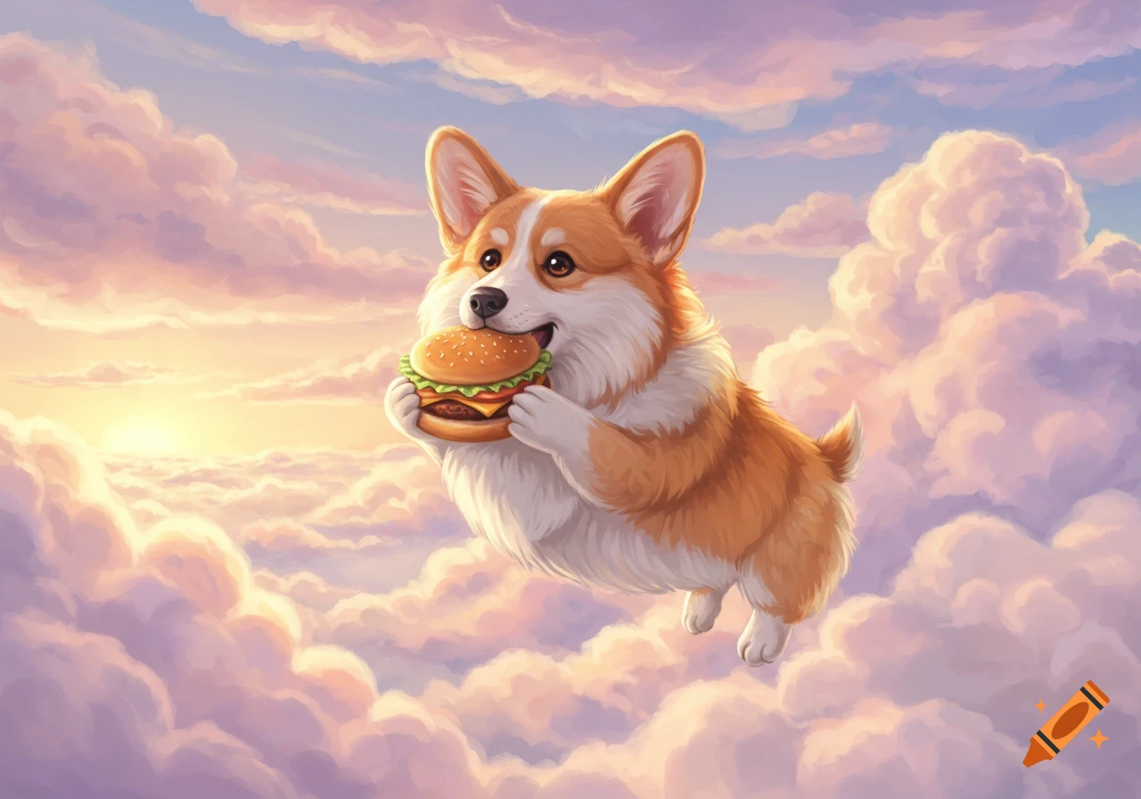 A whimsical digital painting of a happy corgi floating among pastel clouds, eating a hamburger with a sunset glow.