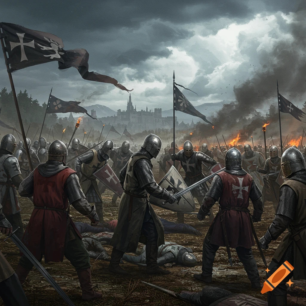 Knights in armor battle on a muddy field under a cloudy sky, with a castle in the distance, in a realistic digital painting style.