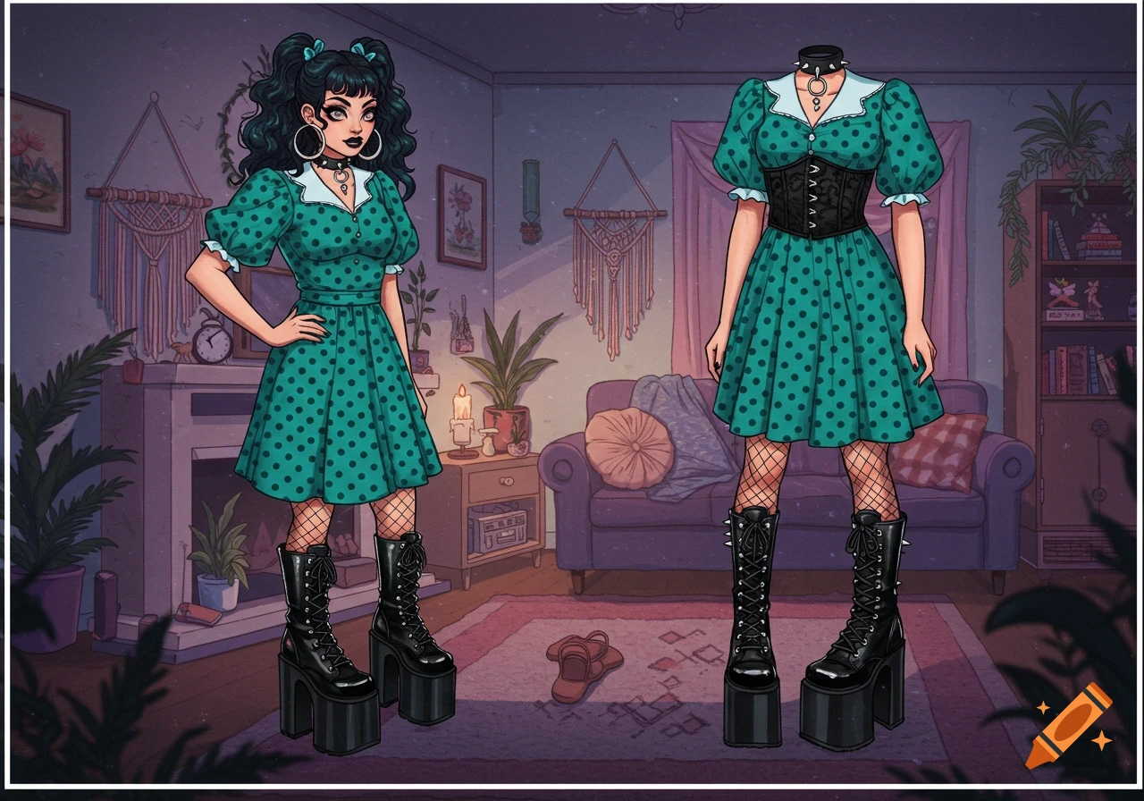 Two cartoon-style figures in a dimly lit room, one with a head and one without, both wearing green polka dot dresses and platform gothic boots.