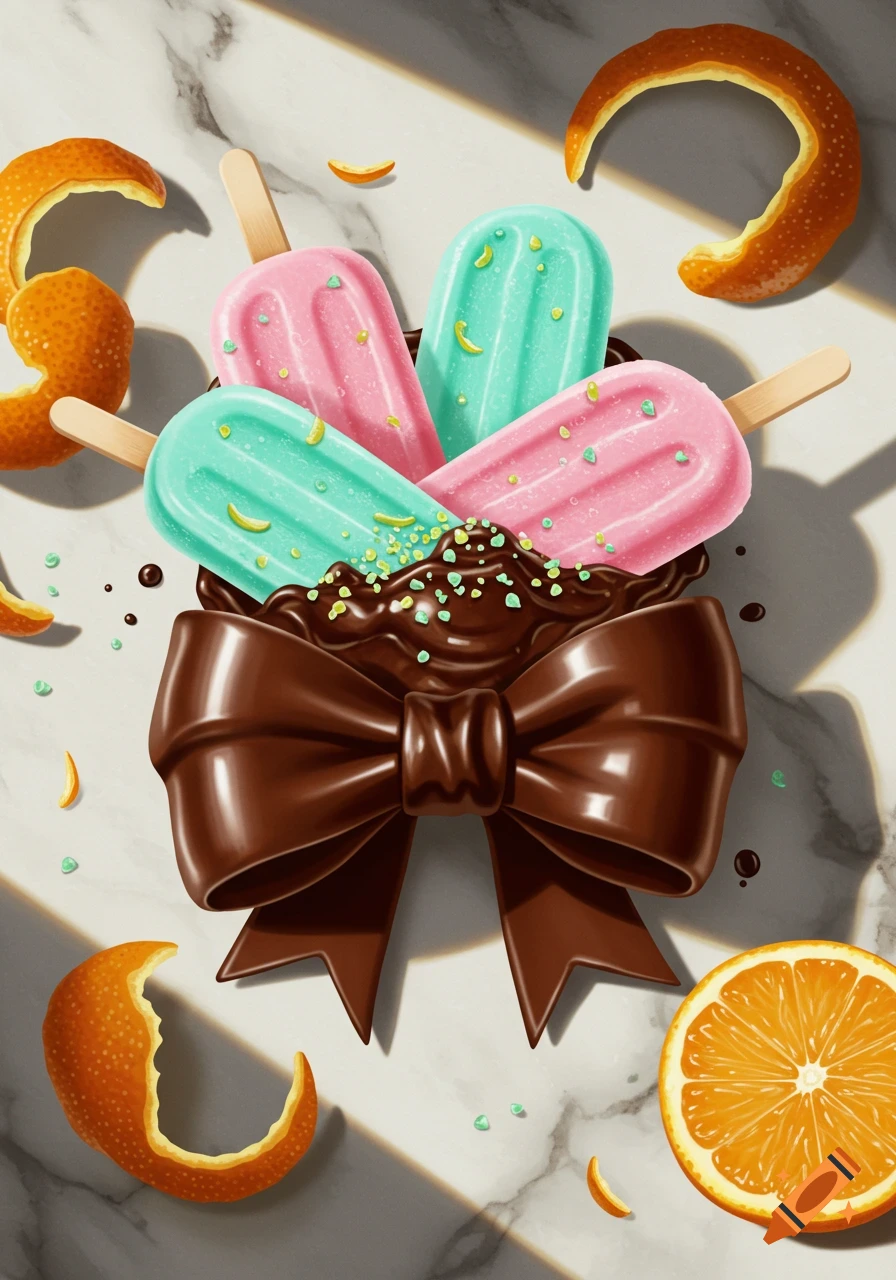 Vibrant illustration of pink and mint green ice cream lollies in a chocolate bow with orange peels and a citrus slice on marble.
