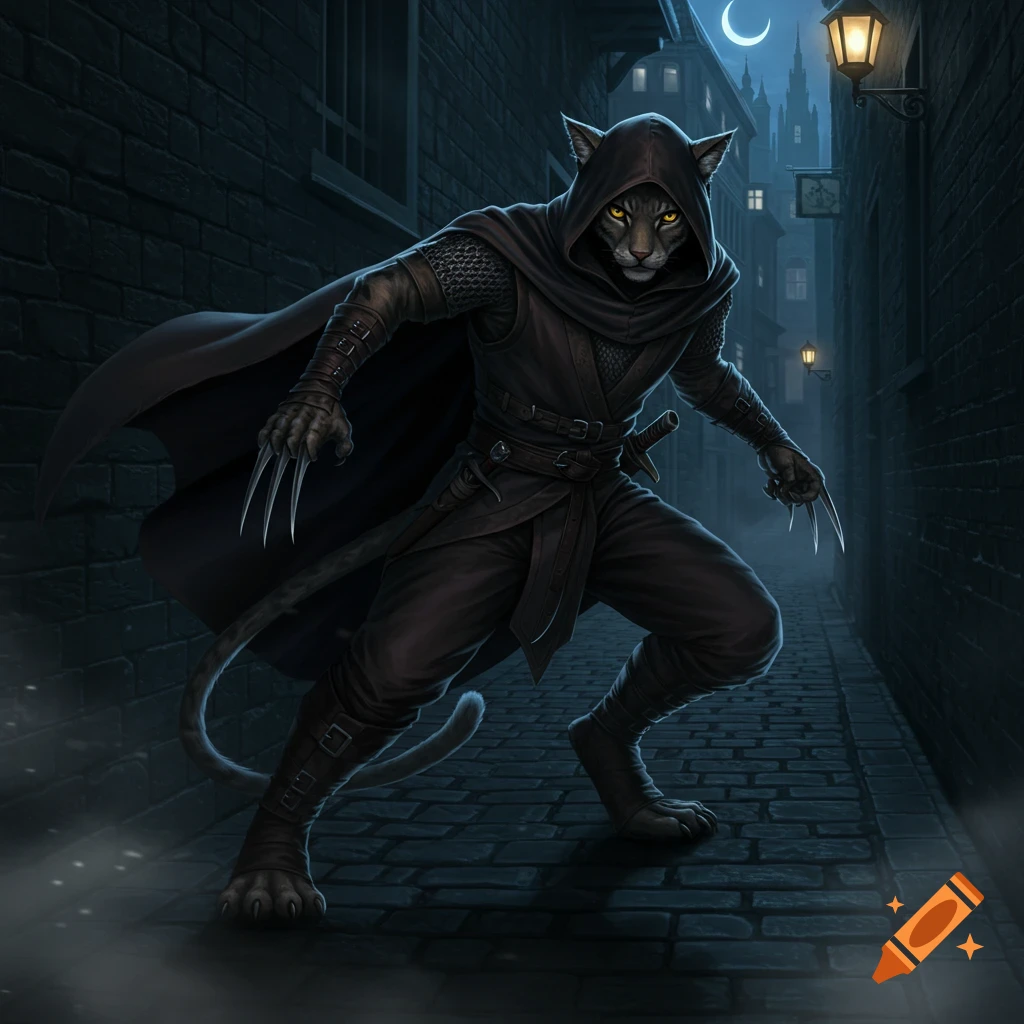 A dark catfolk ninja in a hooded cloak with glowing yellow eyes and extended claws crouches in a moonlit alleyway at night.