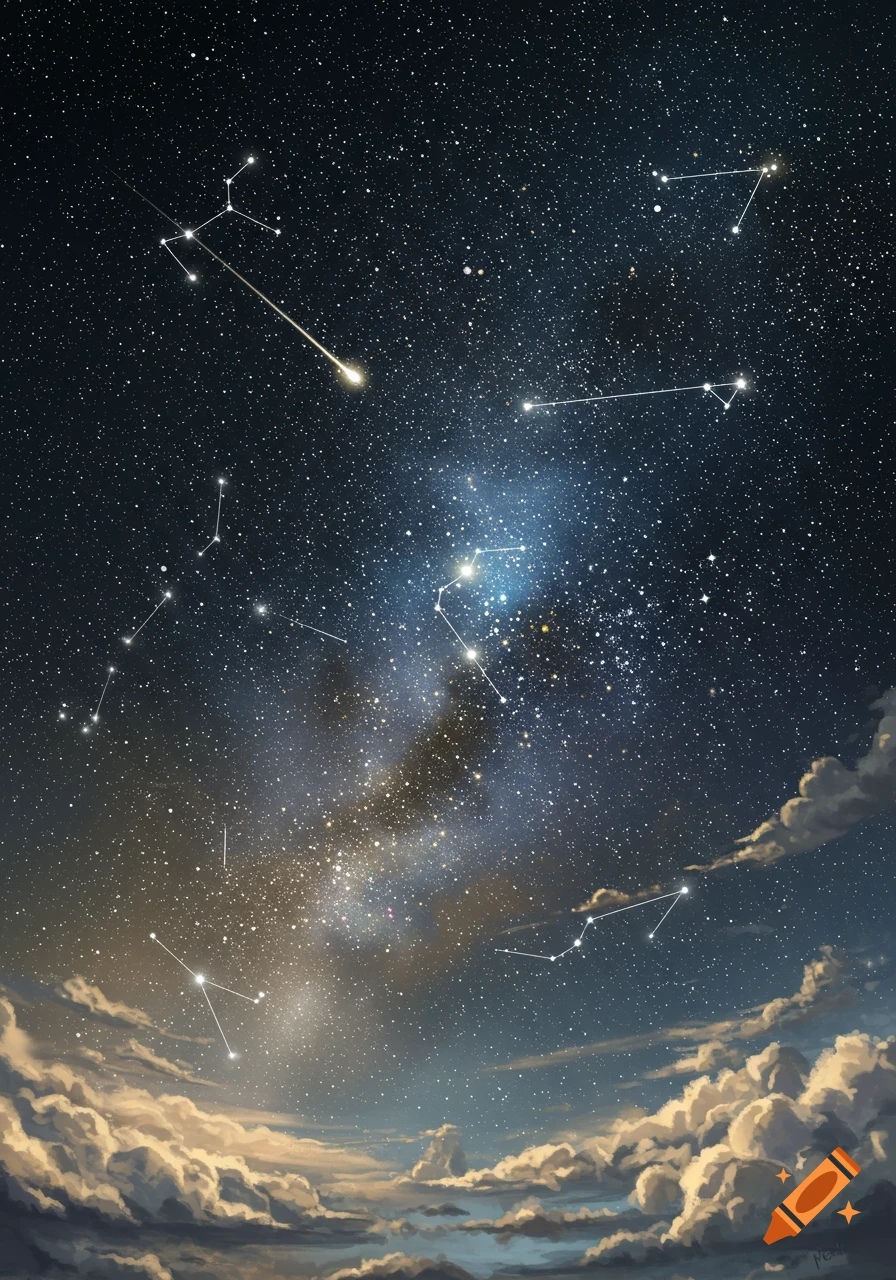 A beautiful night sky filled with countless stars, glowing constellations, a bright shooting star, and fluffy clouds along the bottom horizon.