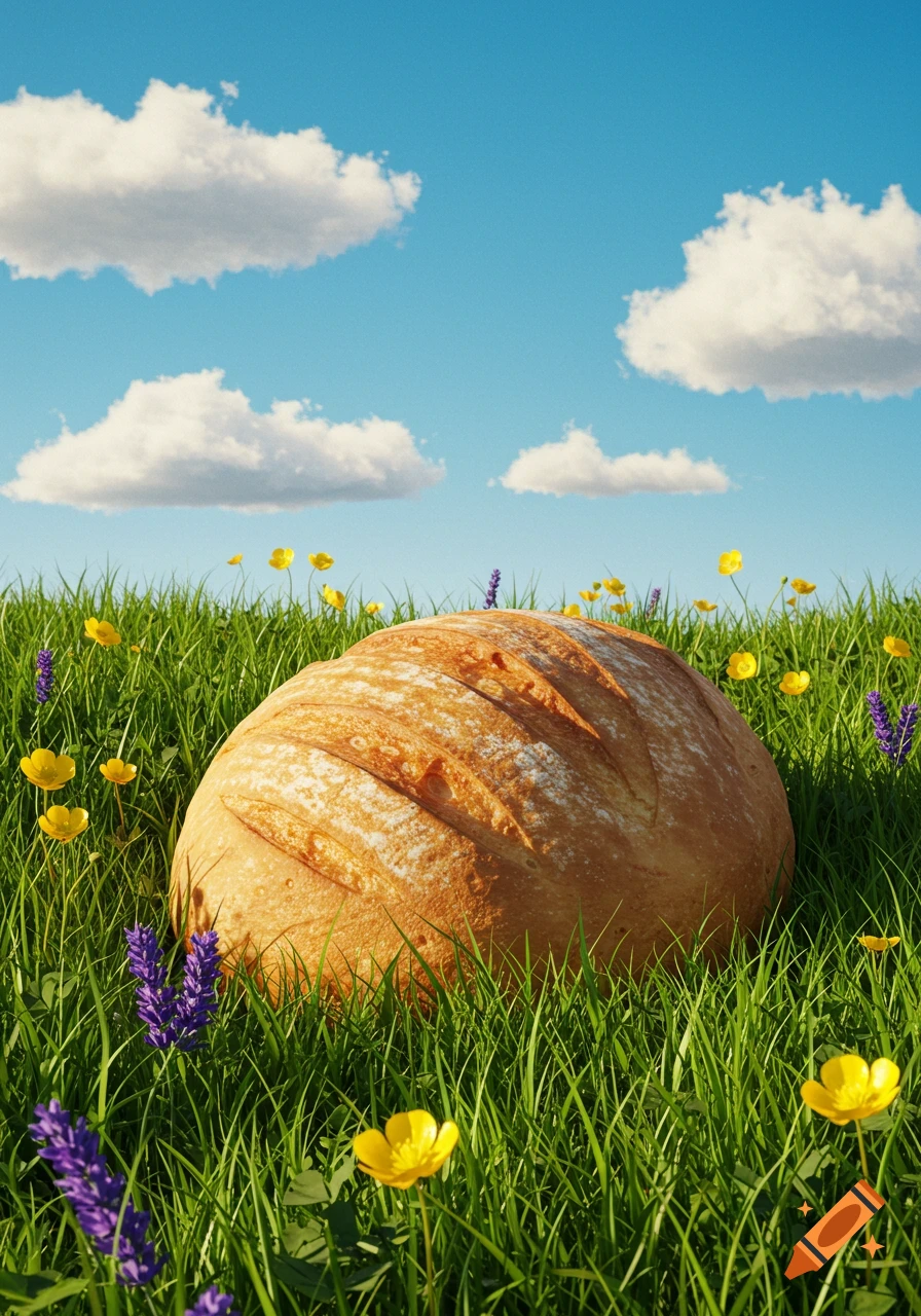 A photorealistic loaf of bread rests in a vibrant green meadow with yellow and purple flowers under a blue sky with fluffy white clouds.