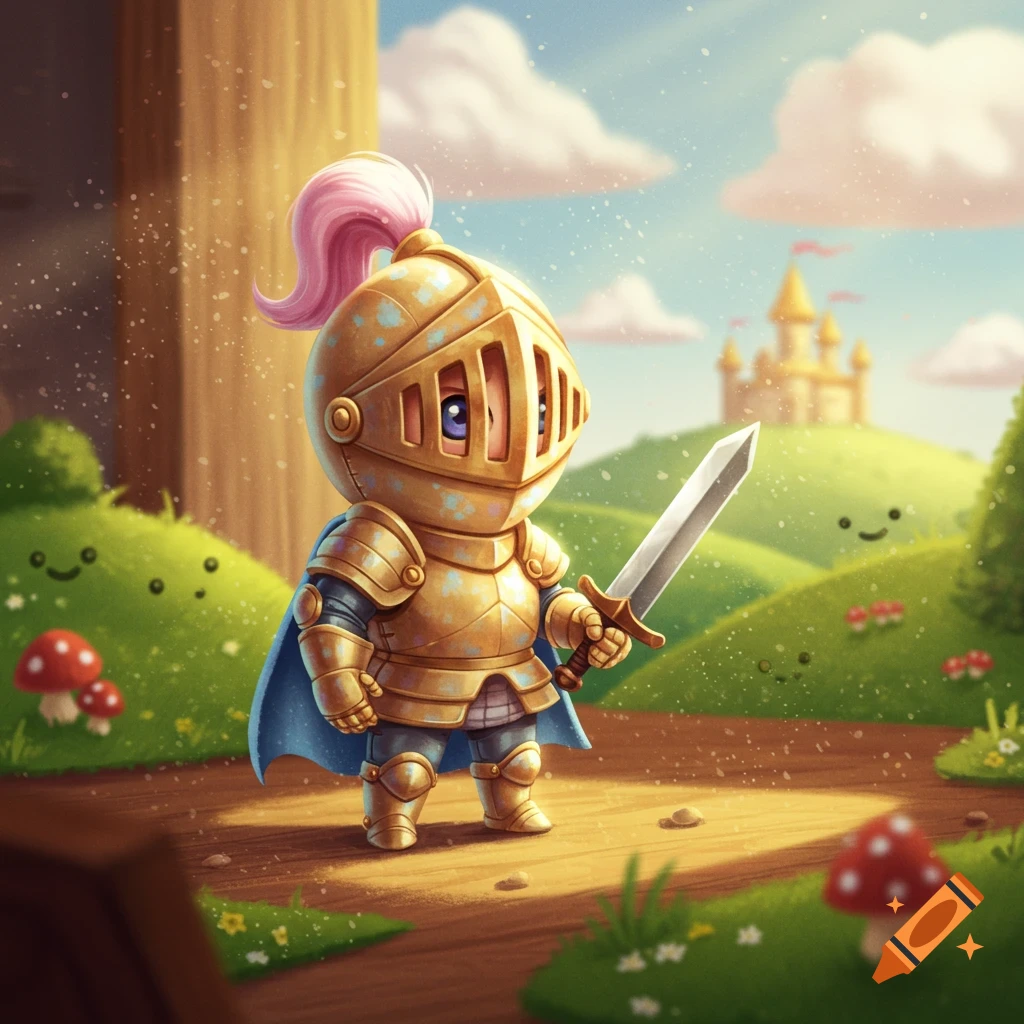 A cute, cartoonish golden knight with a pink plume holds a sword in a sunny, whimsical landscape with a castle.