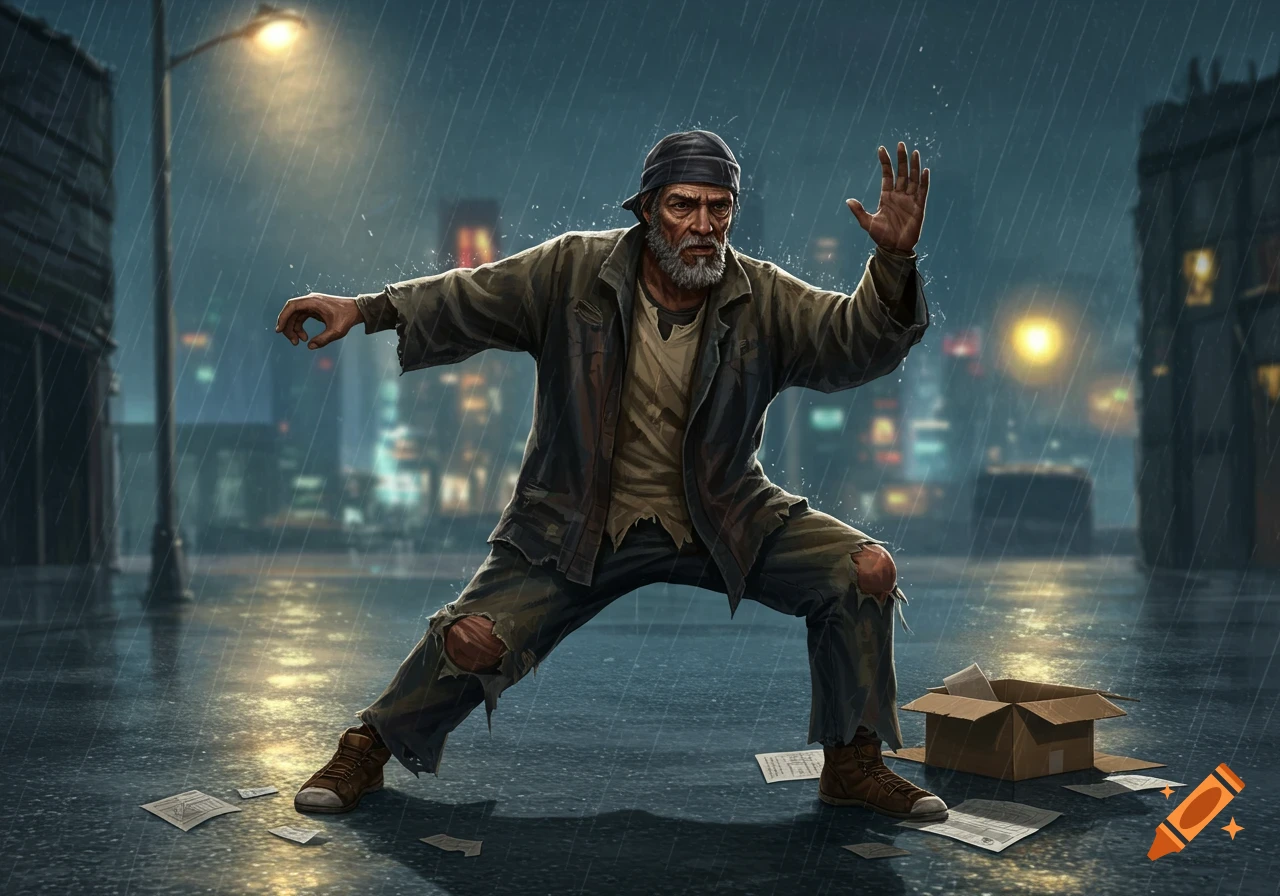 An old man with a beard and ragged clothes in a dynamic martial arts pose in the rain on a city street at night.