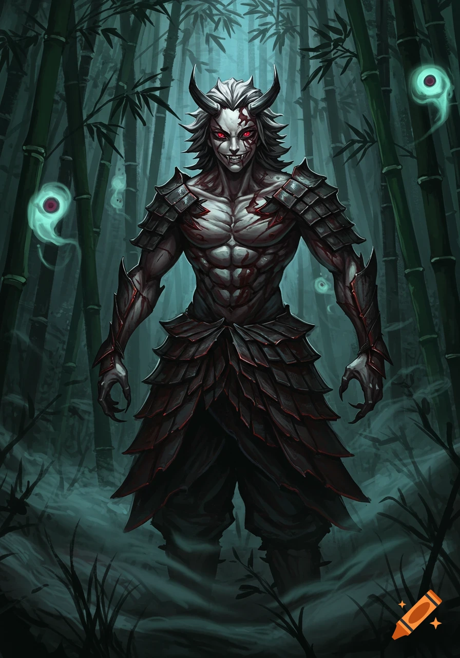 A detailed dark fantasy illustration of a demon with white hair, horns, and red eyes, grinning sadistically in a dark bamboo forest.