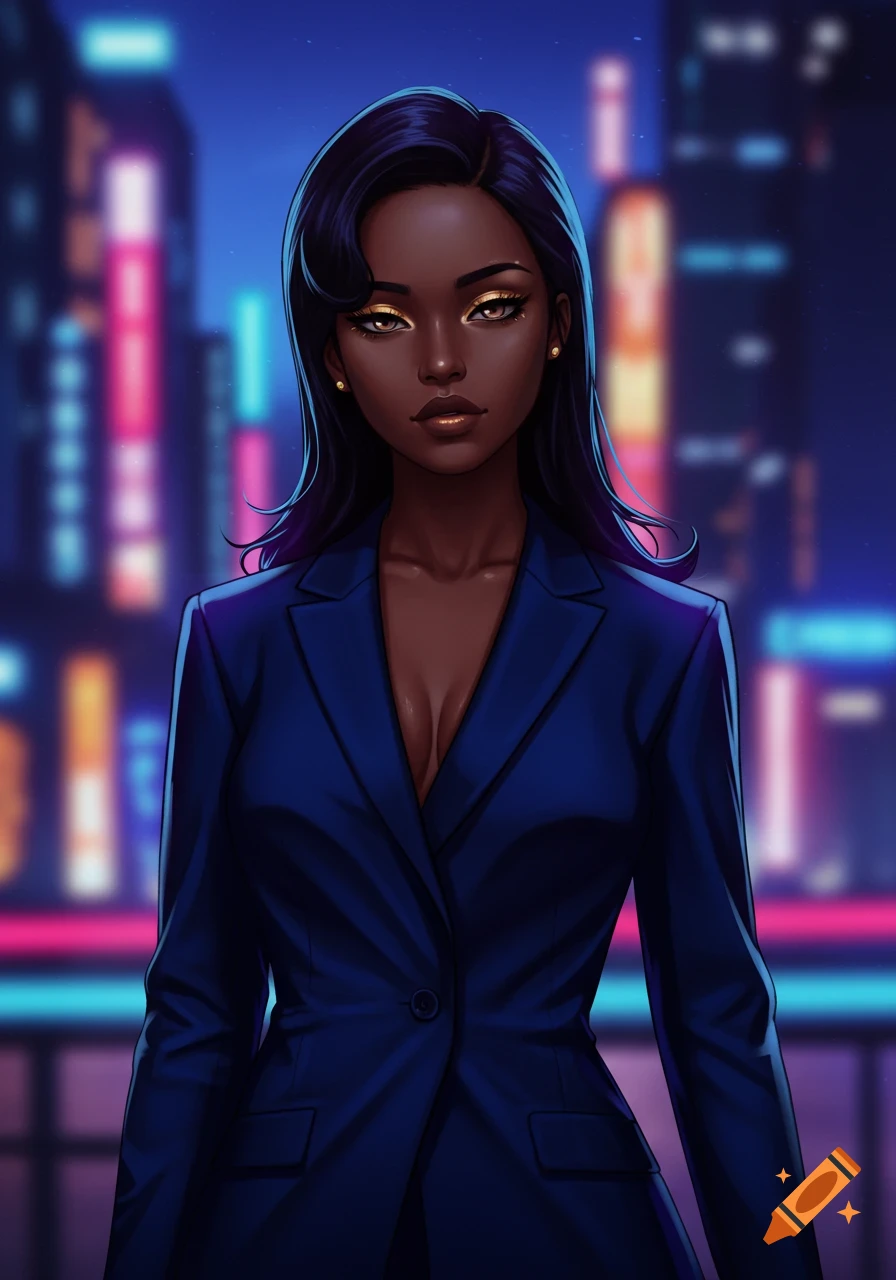 Anime portrait of a dark-skinned woman with gold eyeshadow in a blue suit, against a blurry neon city background.