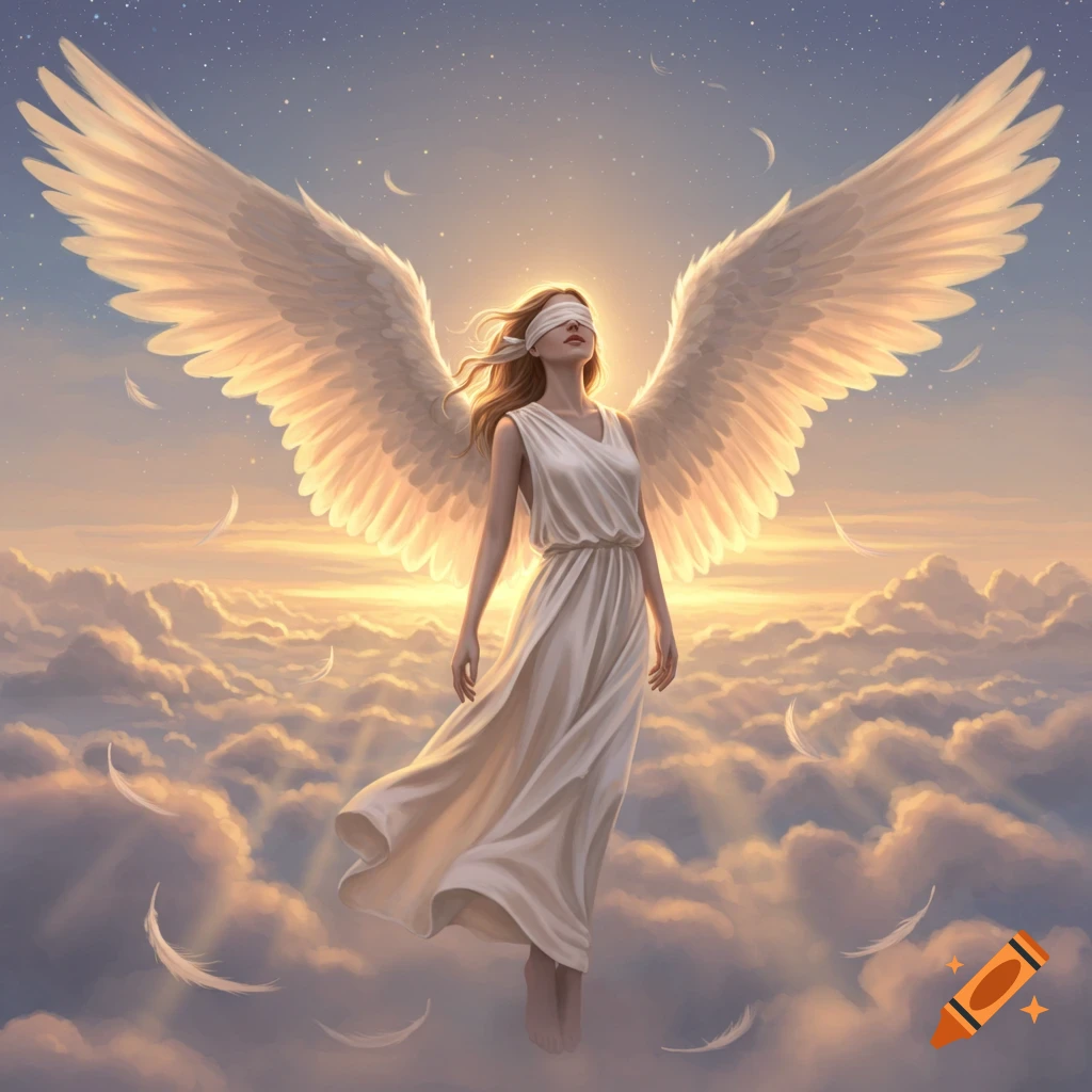 A blindfolded angel in a white dress with large wings stands among golden clouds at sunset, bathed in a celestial glow, digital art.