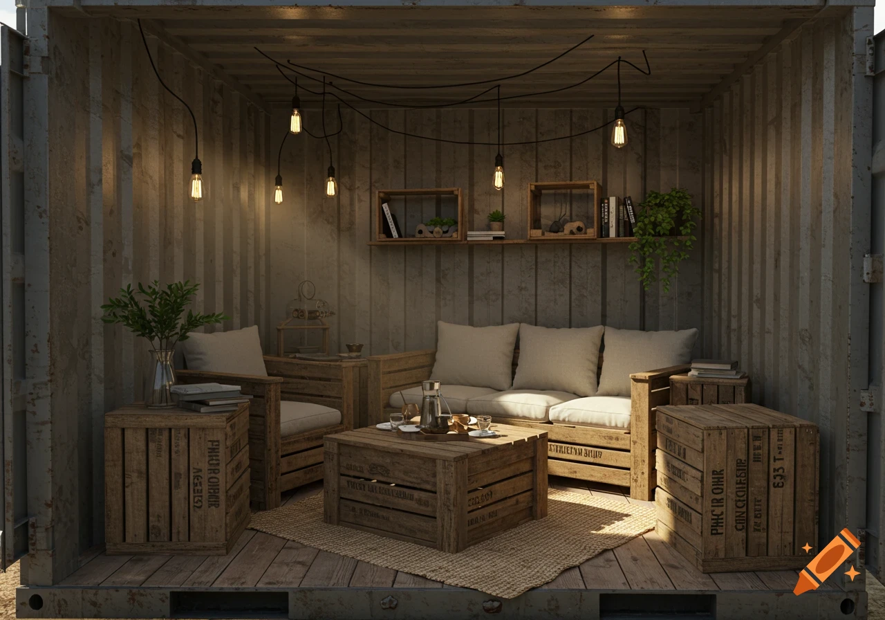 Photorealistic conex container interior with rustic crate furniture, including a couch, chairs, coffee table, shelves, plants, and books, lit by hanging bulbs.