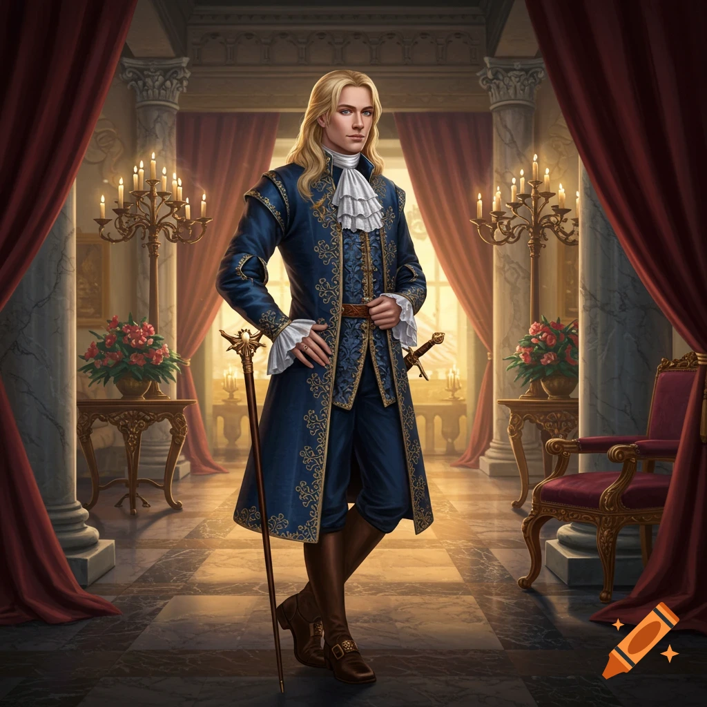 A blonde nobleman in an ornate blue and gold coat, ruffled shirt, and boots stands with a cane in a grand room with red curtains and candelabras.