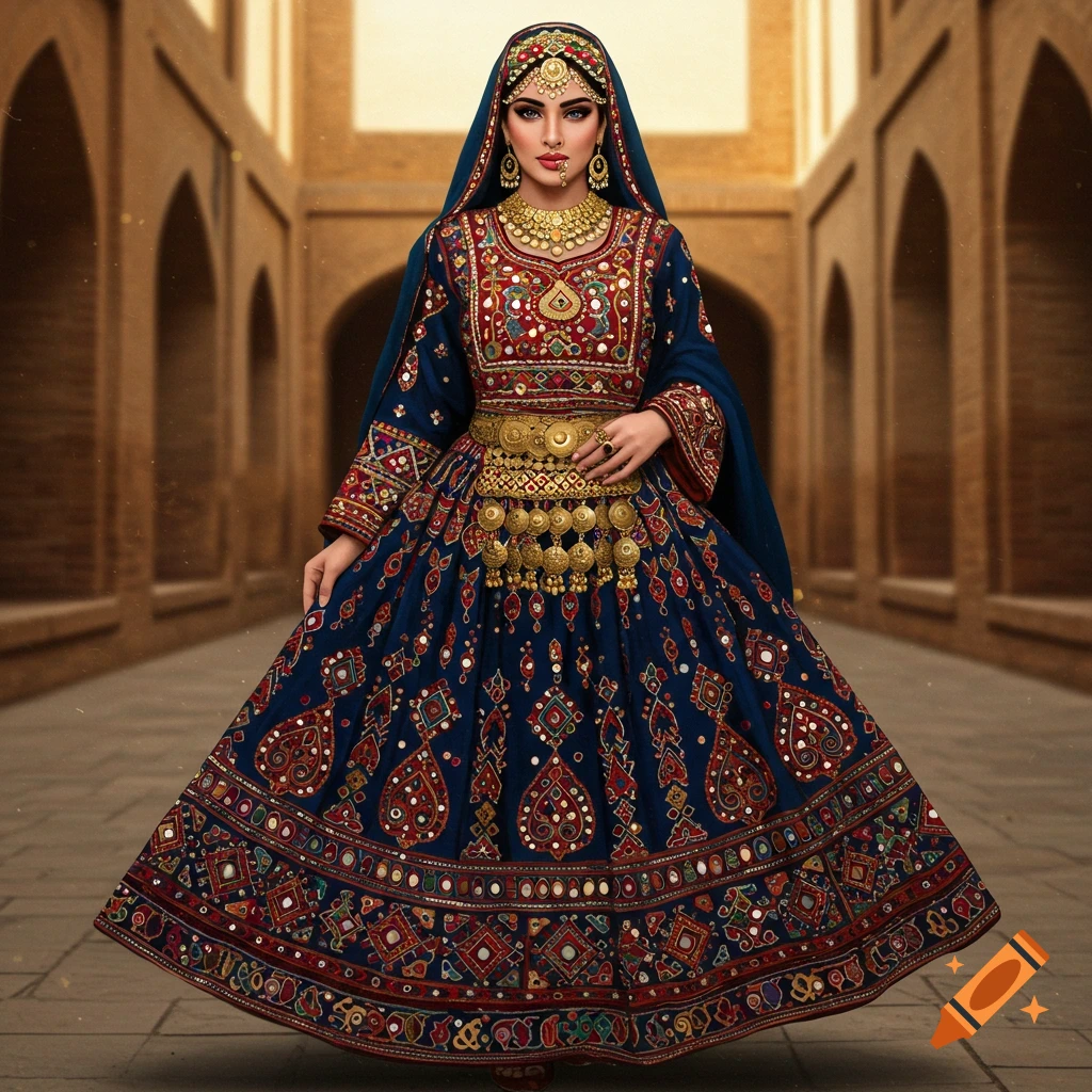 A woman in a richly embroidered blue Afghan dress with gold jewelry and headpiece stands in an arched corridor.
