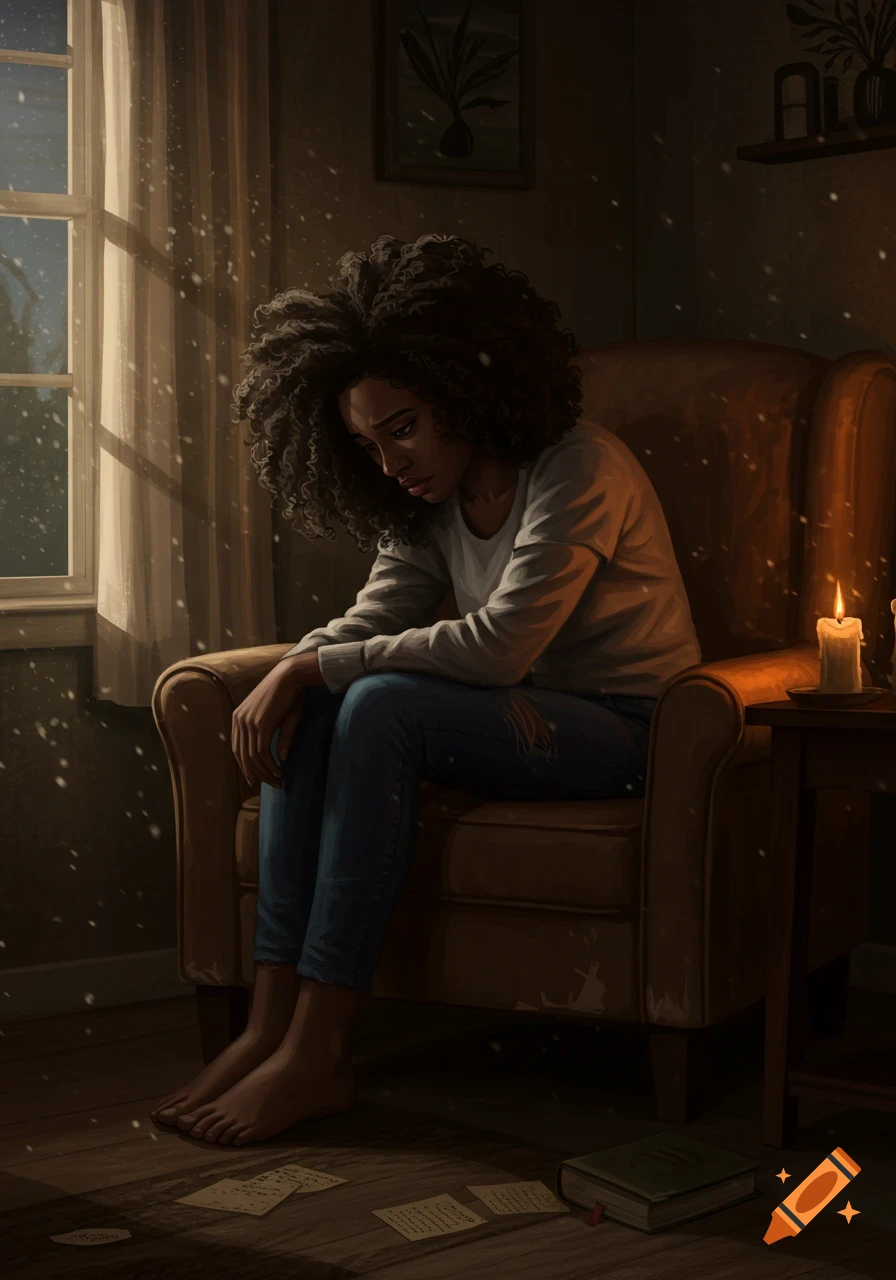 A Black woman with curly hair sits barefoot in an armchair, looking sad, in a dimly lit room with falling snow outside a window.